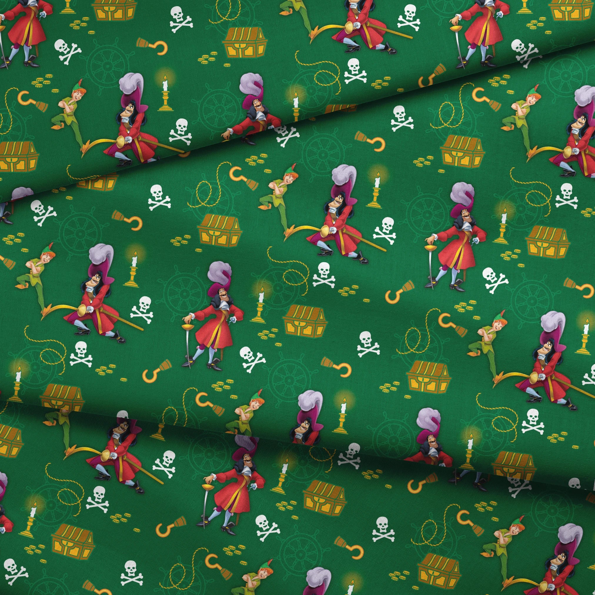 Peter Pan-themed pattern with Captain Hook, treasure chests, skulls, and golden hooks on green background. fabric fold mockup