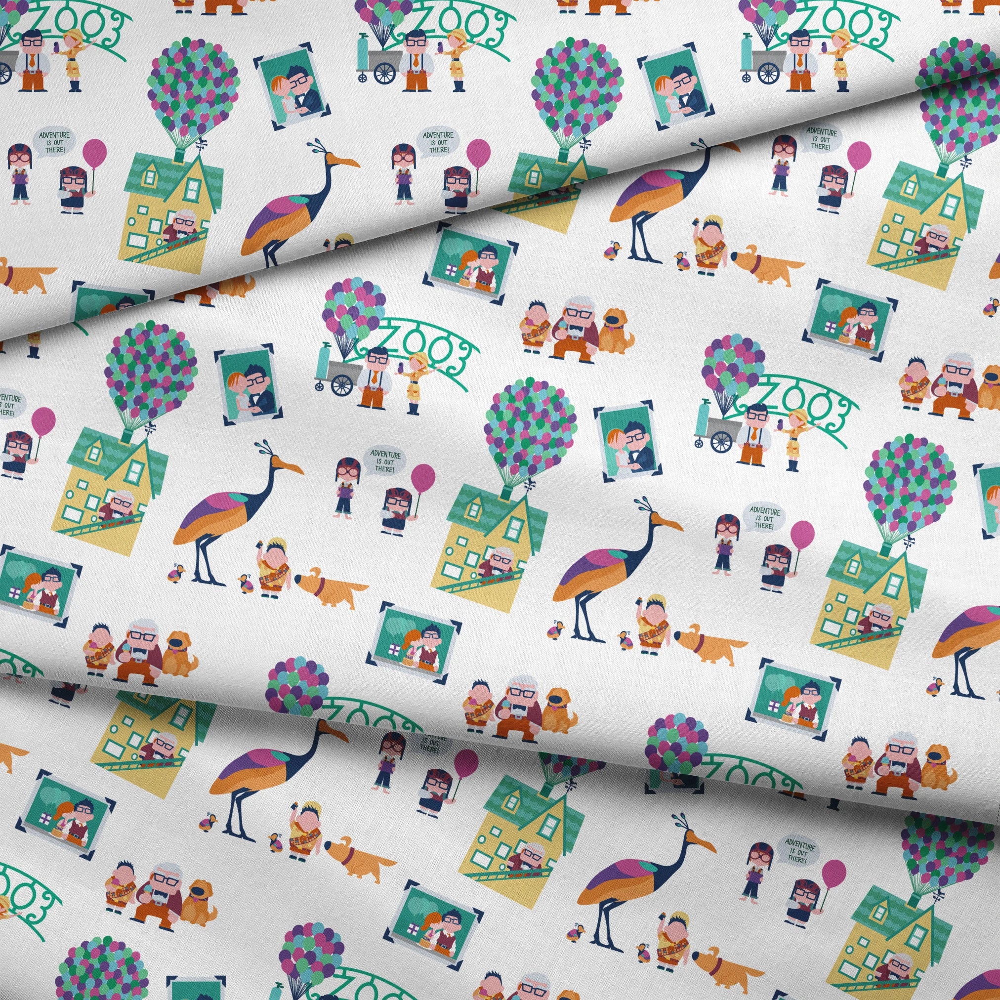 Colorful illustrated Up-inspired zoo pattern with cartoon characters, houses with balloons, peacocks, and family portraits on white background. fabric fold mockup