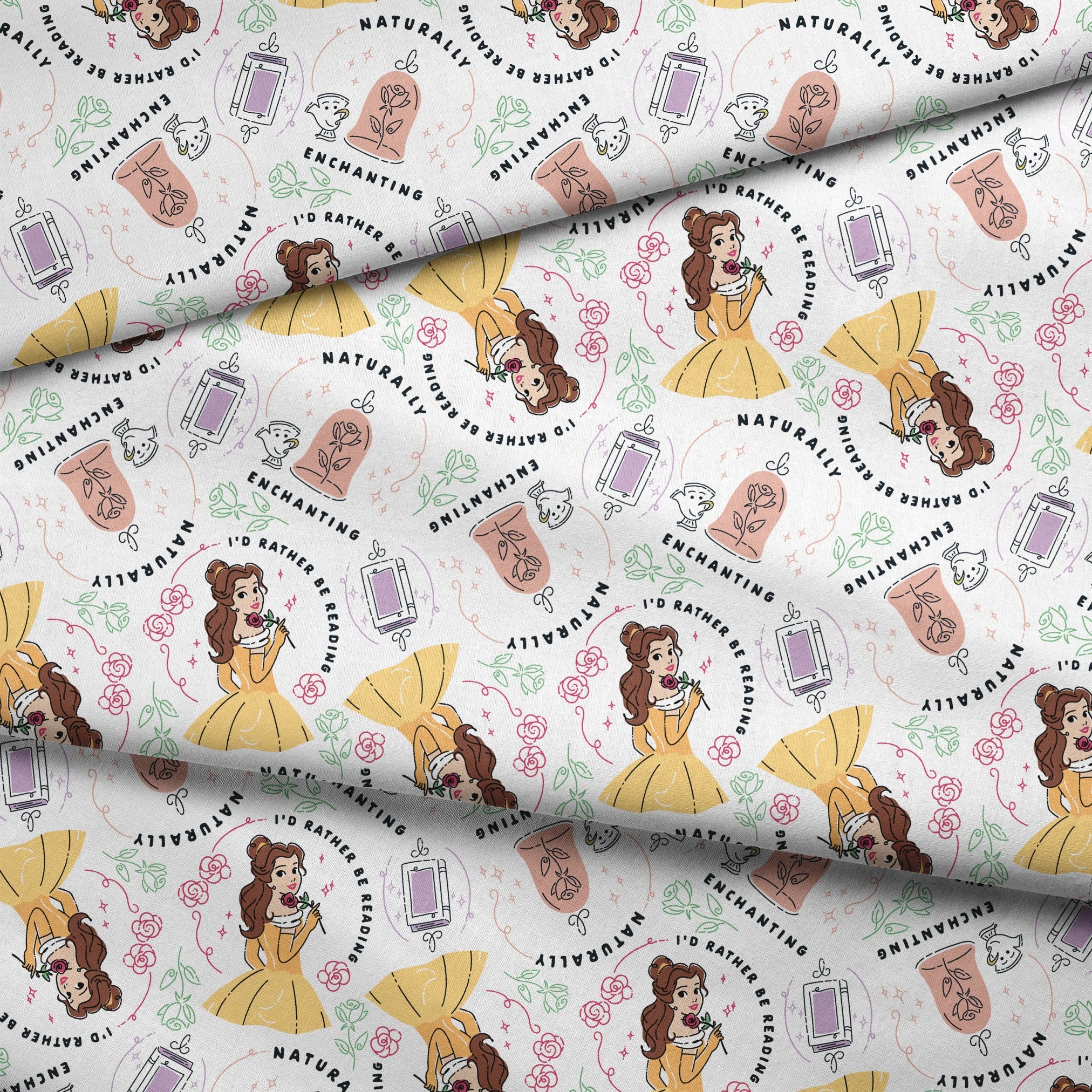 Pattern of cartoon princess in yellow dress with roses, perfume bottles, and phrases like "Enchanting" and "I'd rather be dreaming fabric fold mockup