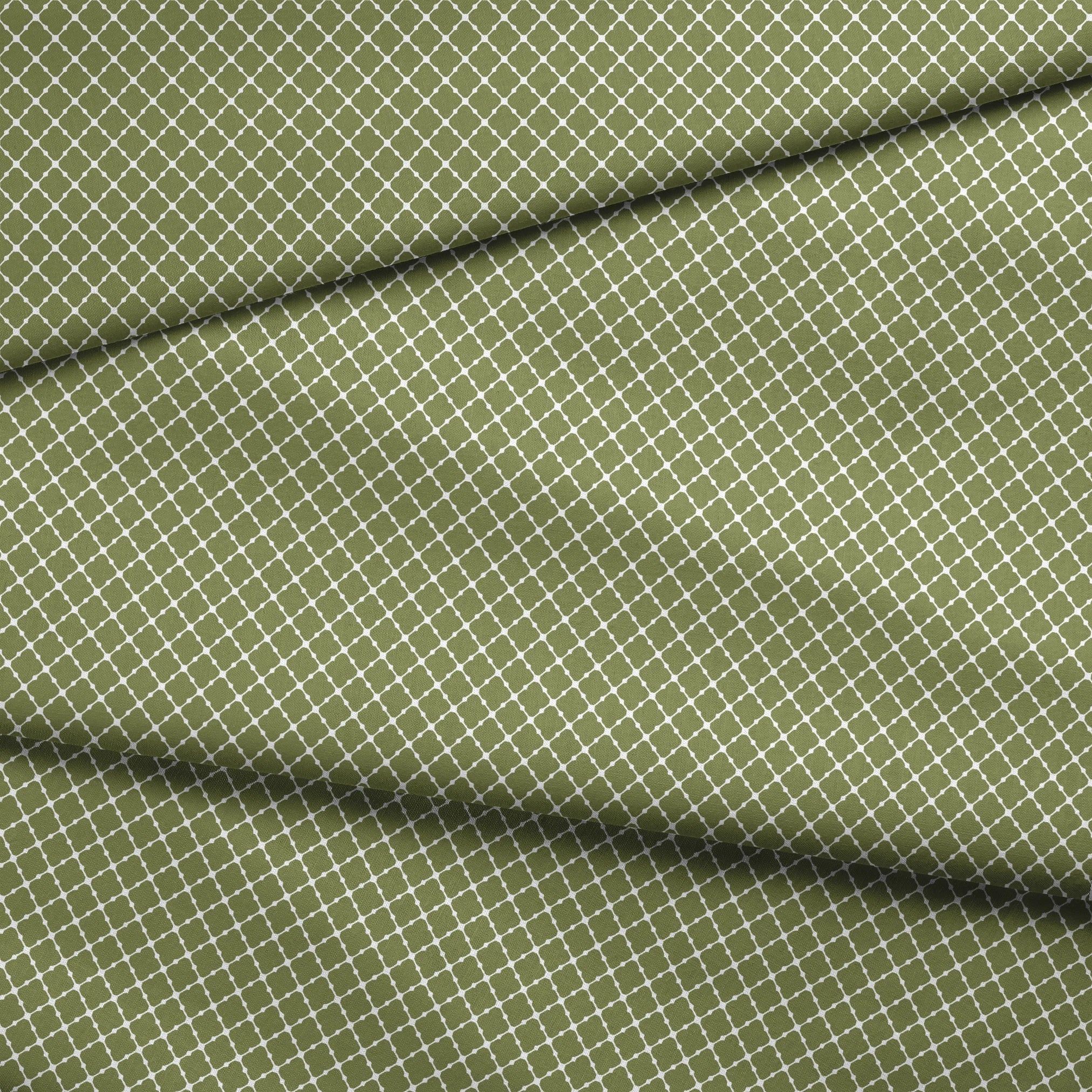 Sage green quatrefoil pattern with white lattice lines forming a Moroccan-style geometric design fabric fold mockup