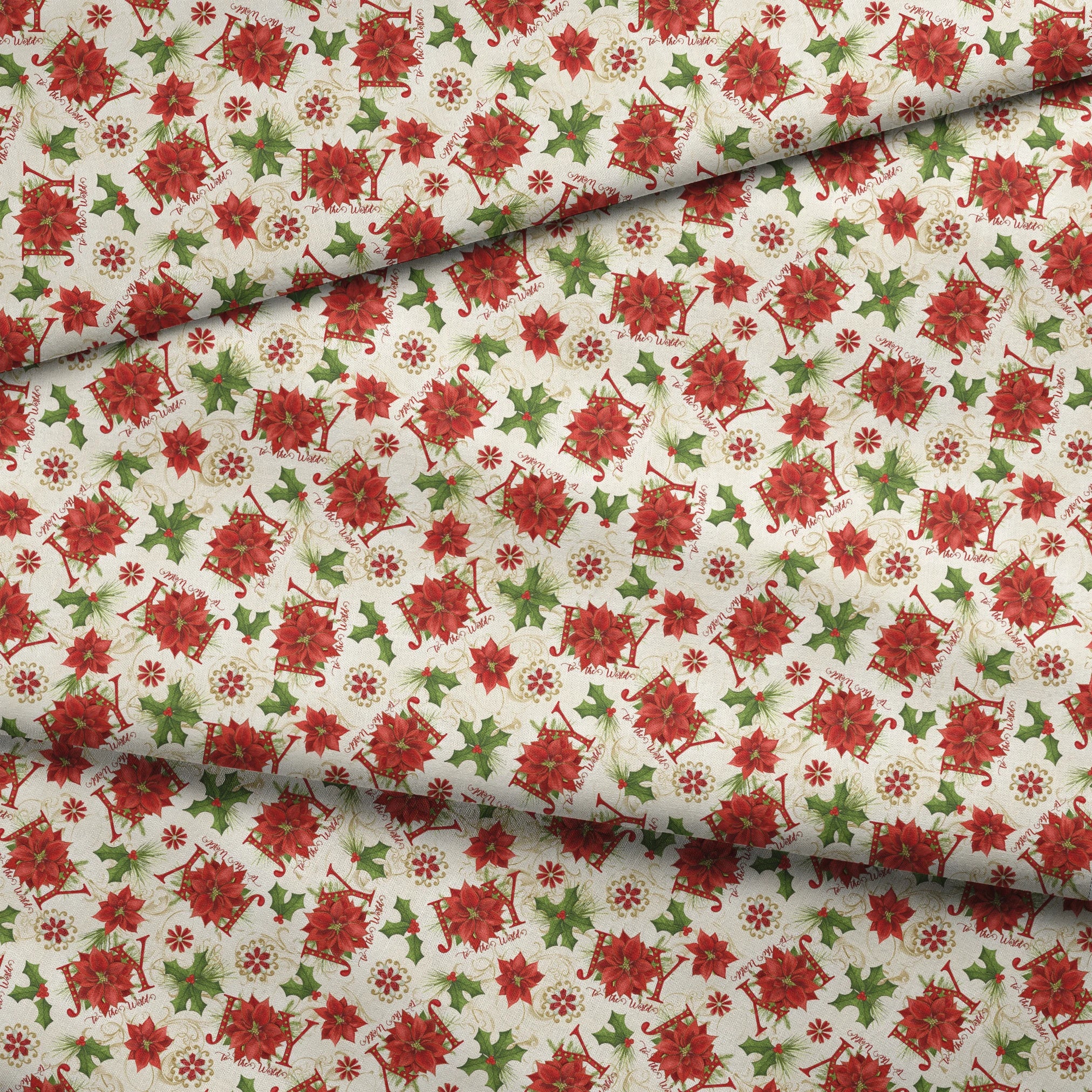 Red poinsettias, holly leaves, pine sprigs, and peppermint candy motifs with scattered “Joy” text in a festive holiday toss design by Nicole Tamarin. fabric fold mockup