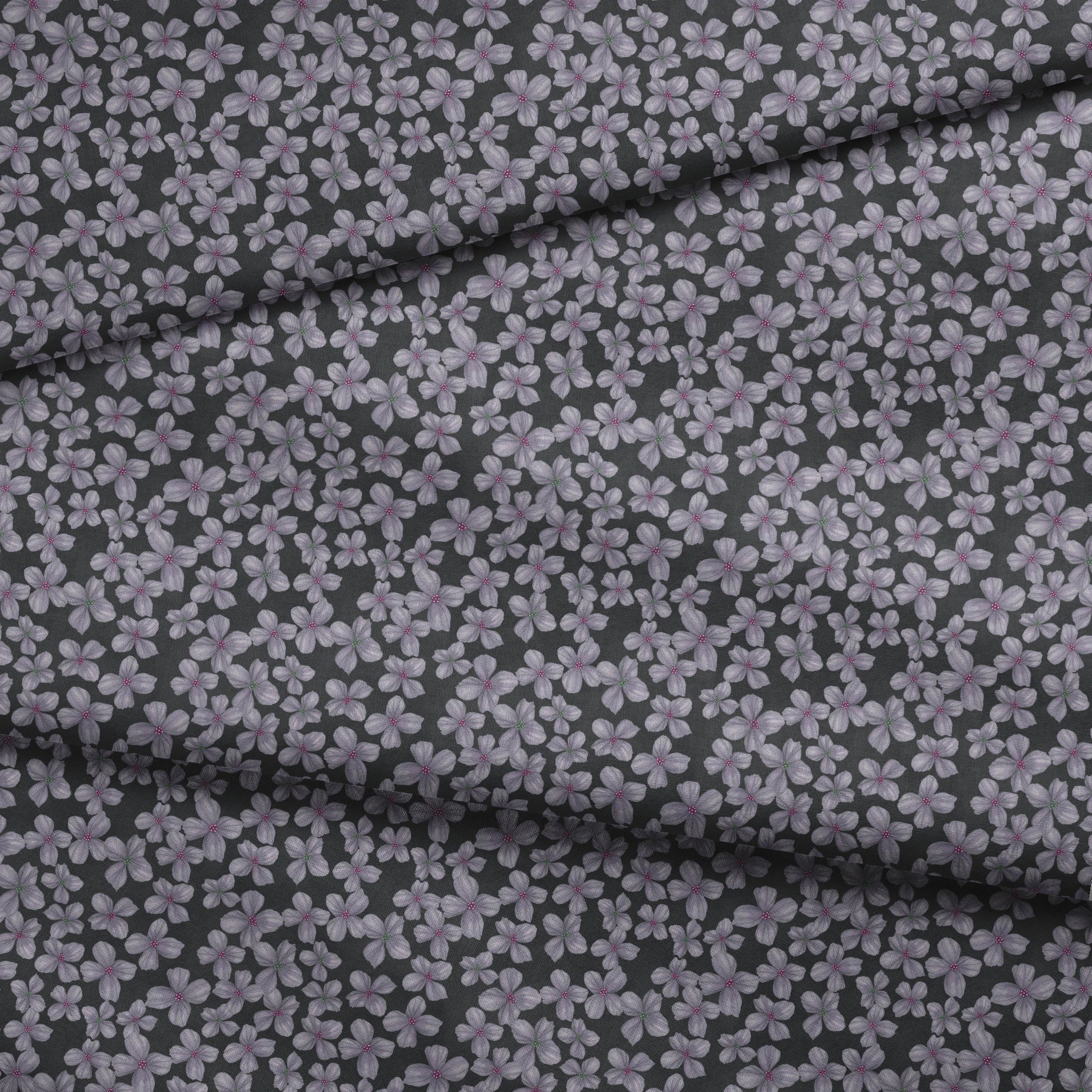 Hand-drawn purple flowers scattered on a charcoal background, designed by Nicole Tamarin. fabric fold mockup