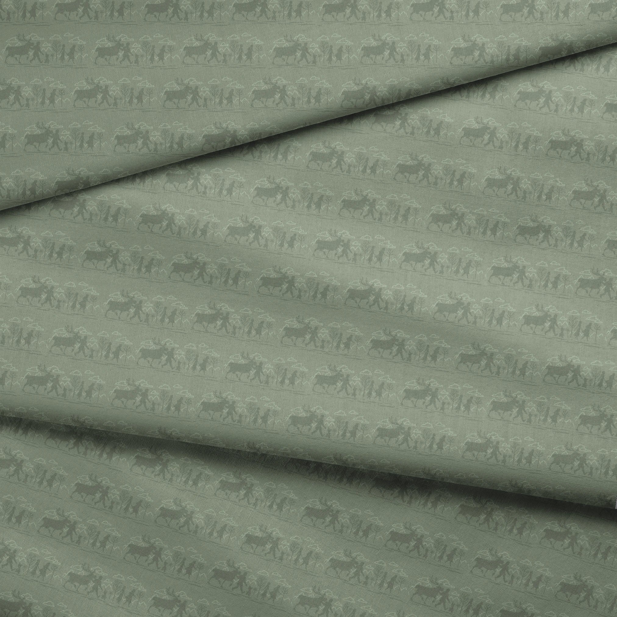 Muted green patterned design with repeating silhouettes of Frozen characters in horizontal bands fabric fold mockup