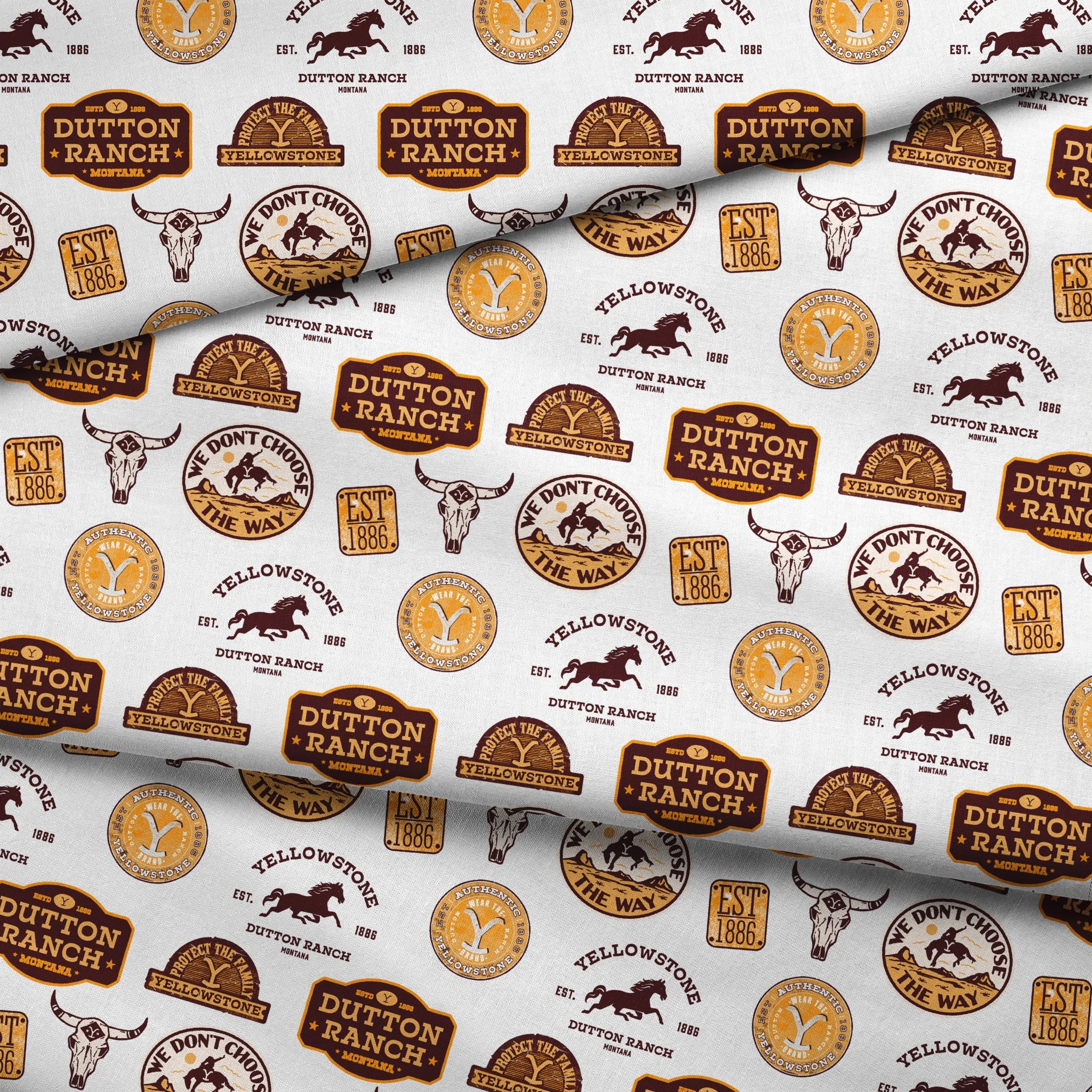 Western patch-style design featuring Dutton Ranch and Yellowstone badges in rustic tones. Great for quilting, crafts, and cowboy-inspired decor. fabric fold mockup