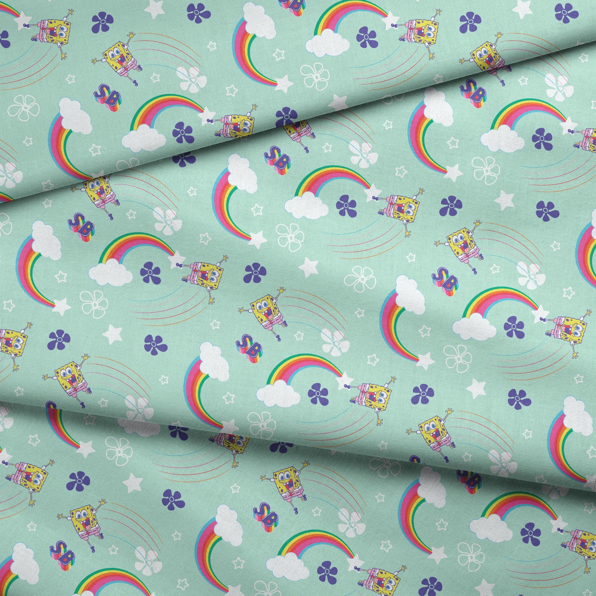 SpongeBob flying over rainbows with clouds, stars, and floral icons on a mint green background in a cheerful cartoon-style Nickelodeon design fabric fold mockup