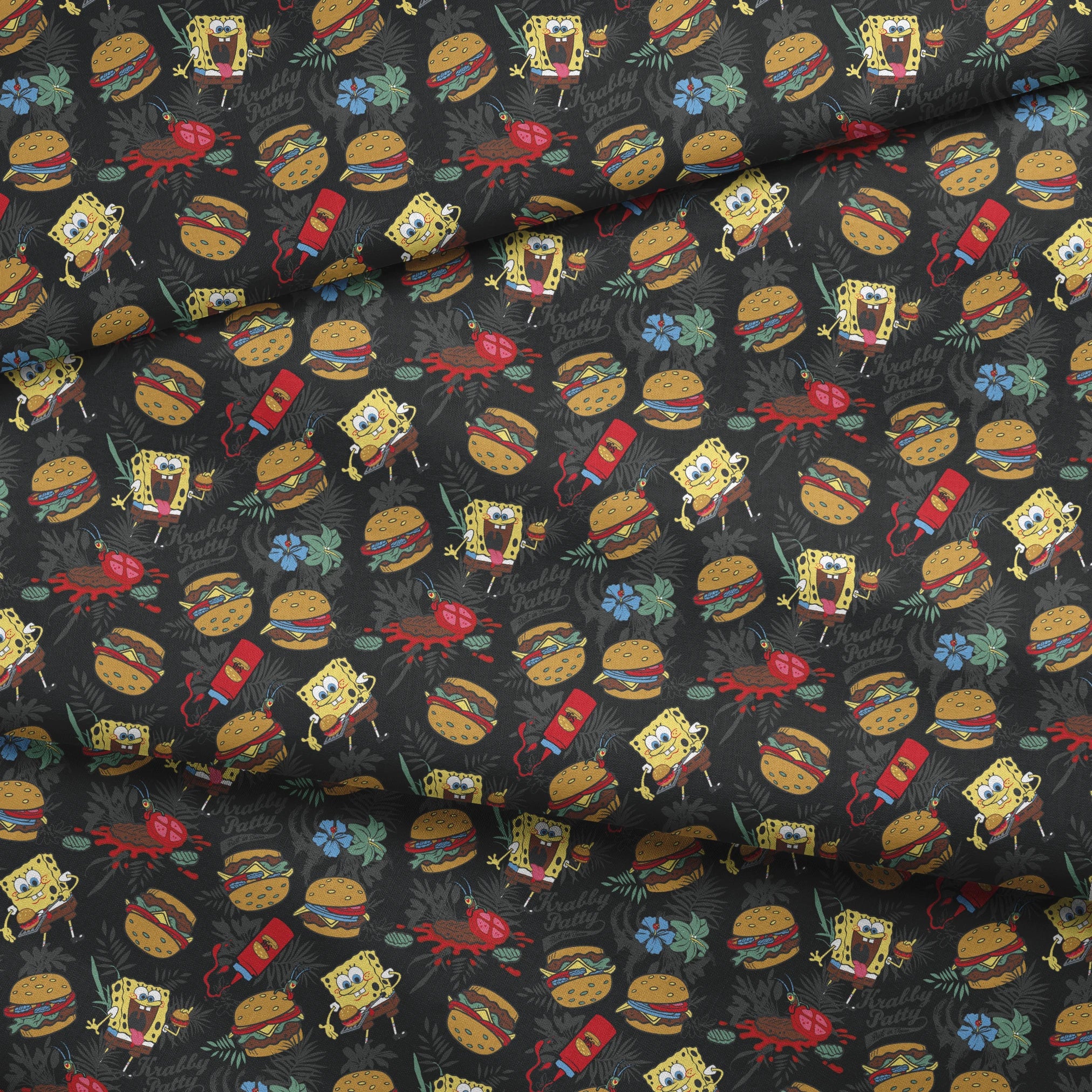 SpongeBob, Plankton, and Krabby Patties with tropical leaves and flowers on a black background in a bold character-themed design. fabric fold mockup