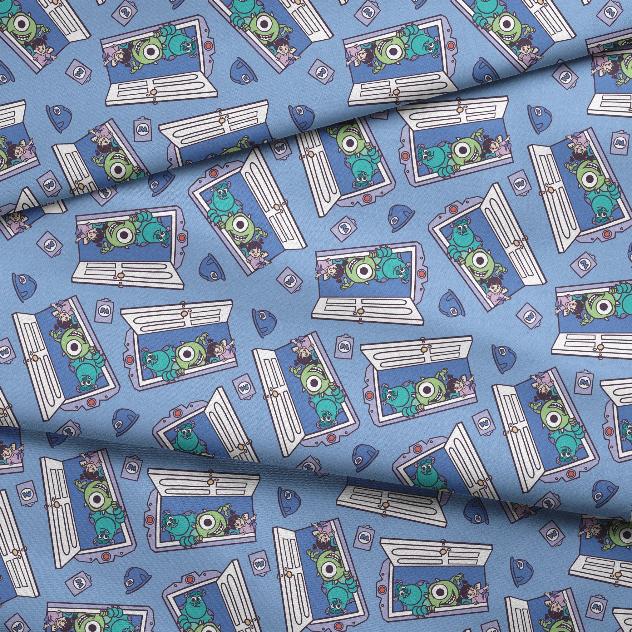 Monsters Inc characters Mike and Sully peeking through doorways on blue background pattern fabric fold mockup