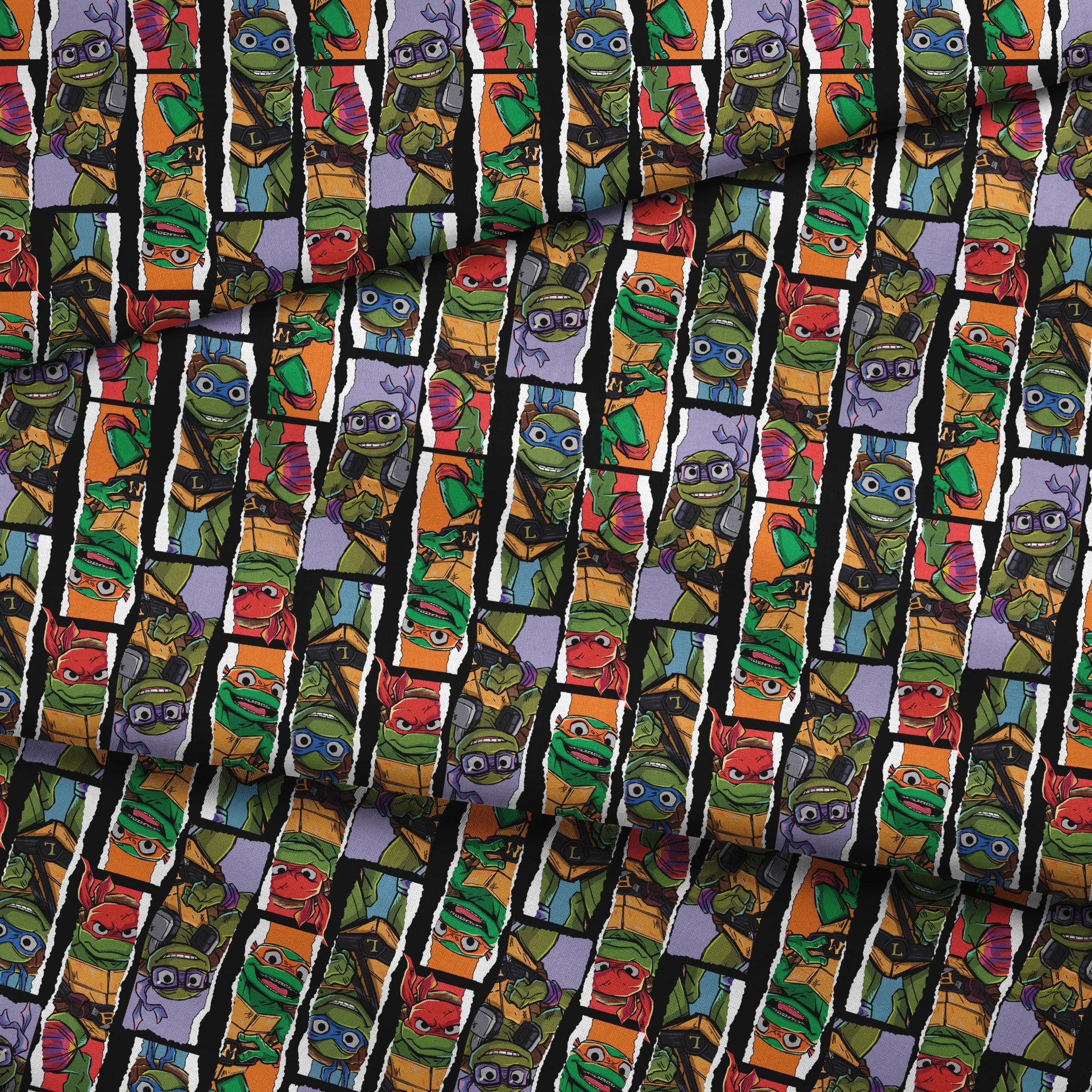 Teenage Mutant Ninja Turtles torn panel design with Leonardo, Donatello, Michelangelo, and Raphael in colorful comic-style art by Nickelodeon. fabric fold mockup