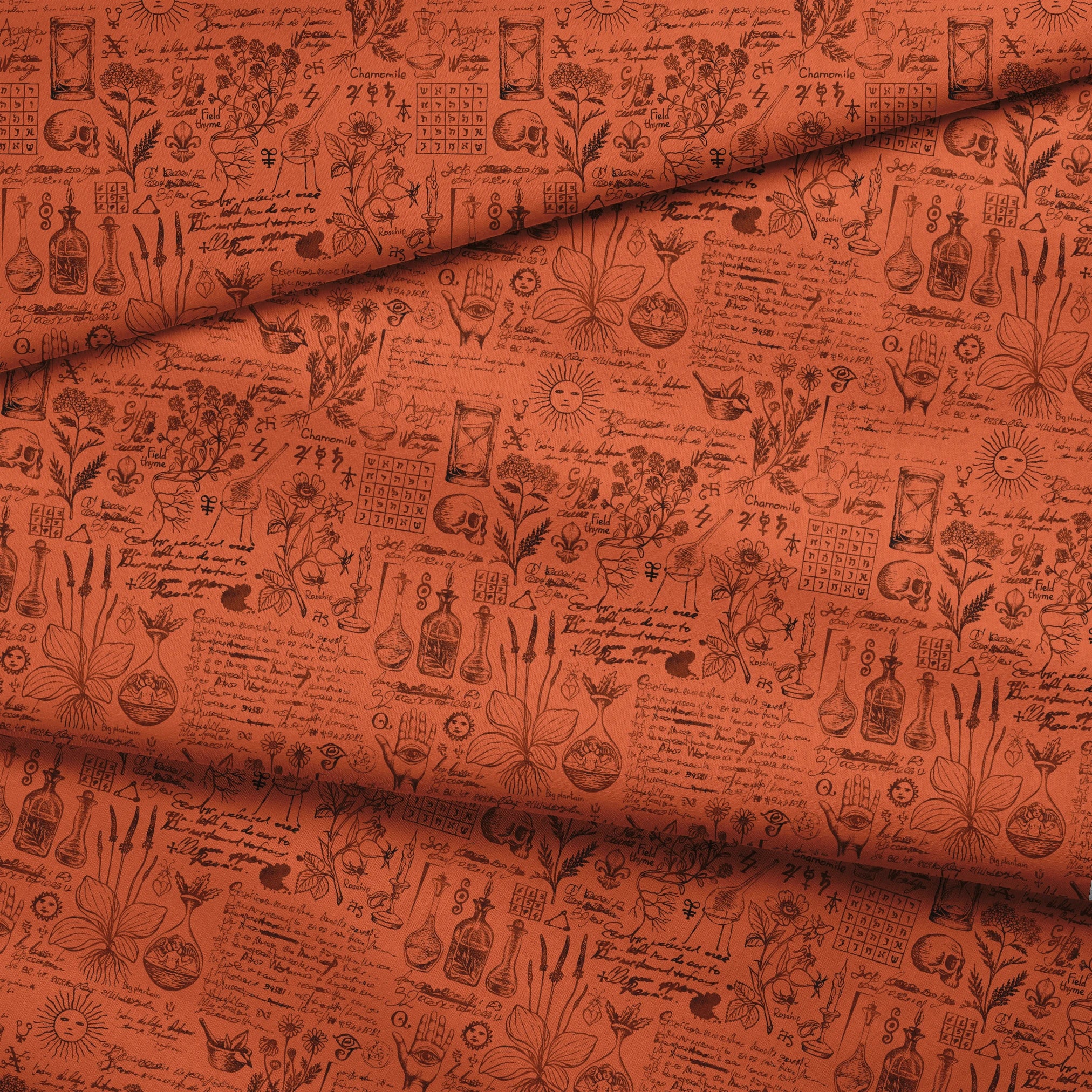 Red-orange Halloween background with vintage alchemical drawings, botanical sketches, symbols, handwritten notes, and mystical elements arranged like an ancient manuscript page. fabric fold mockup