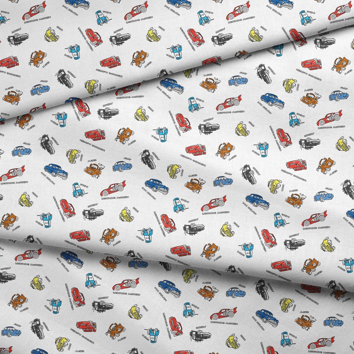 Colorful cartoon race cars in various colors scattered on white background with small text labels fabric fold mockup