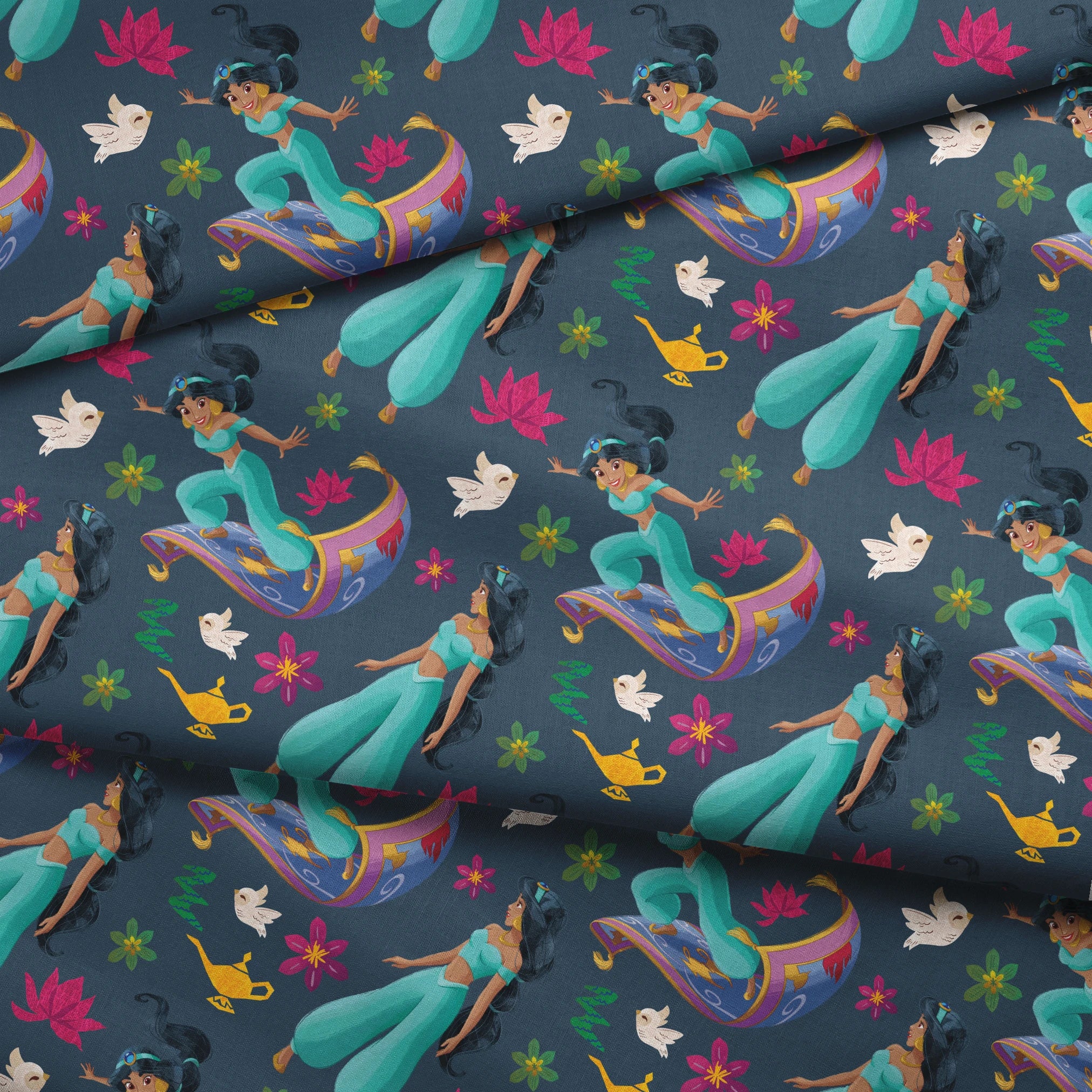 Animated characters in turquoise outfits flying on magic carpets with white doves, lotus flowers, and a golden lamp against dark background. fabric fold mockup