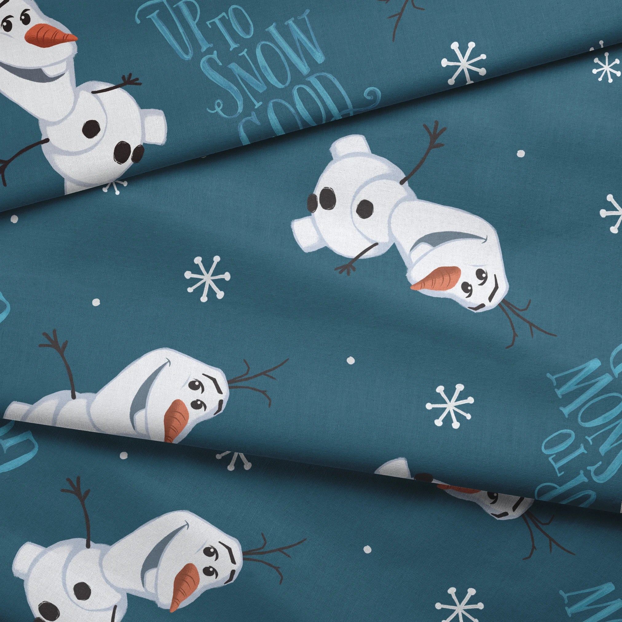 Playful Olaf pattern with "Let It Snow" text on teal background with snowflakes fabric fold mockup