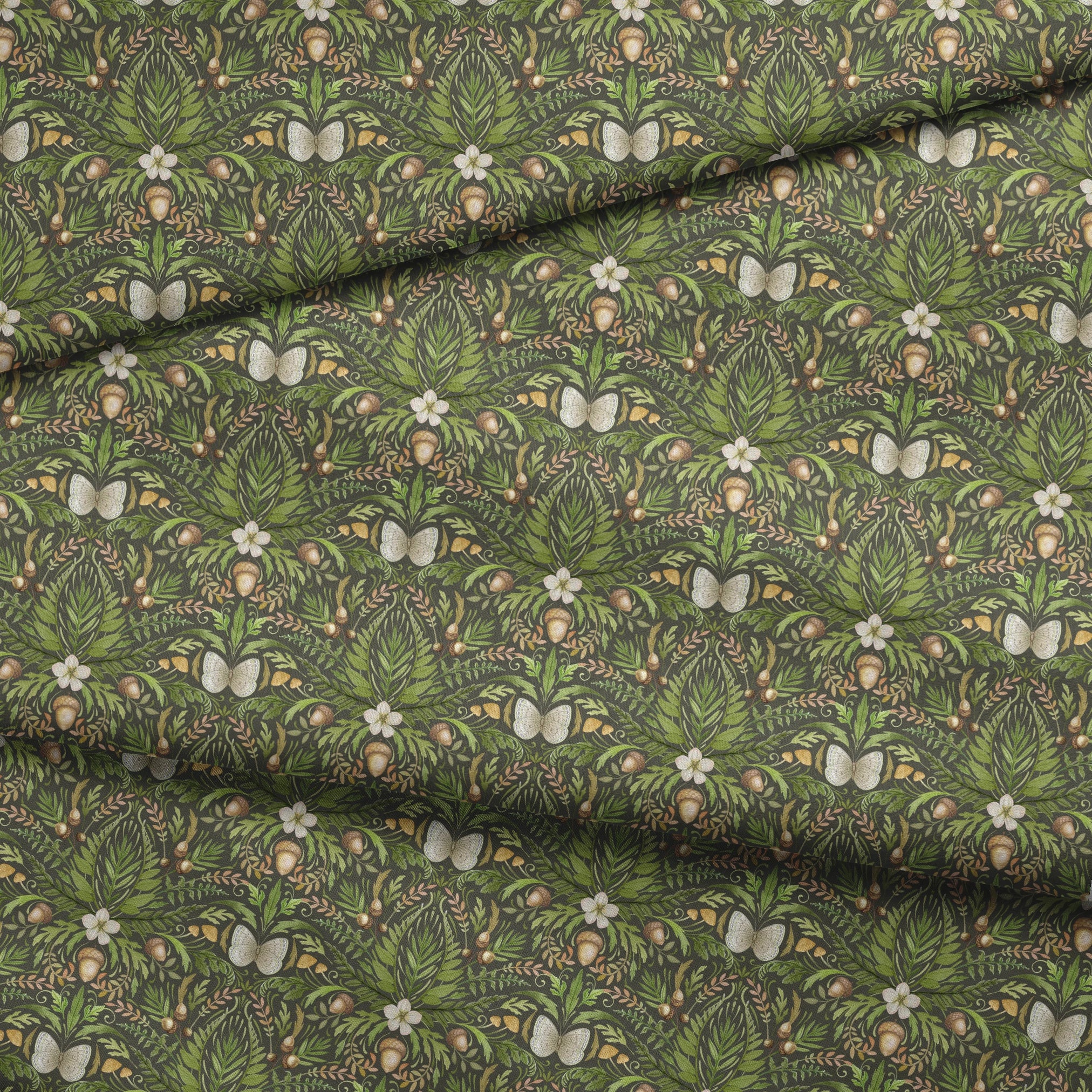 Symmetrical botanical pattern with green foliage, white flowers, and brown accents on dark background fabric fold mockup