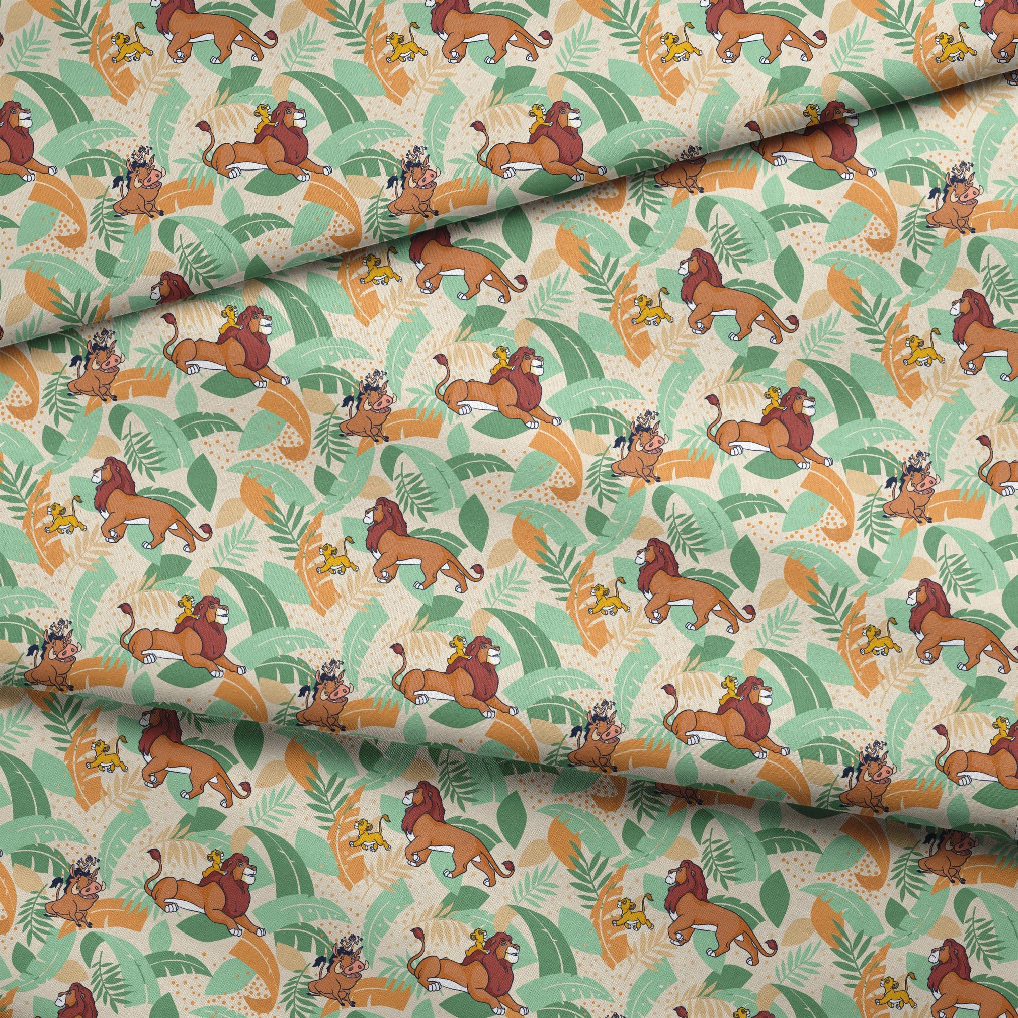 Lion King-inspired pattern with lions and jungle animals amid colorful tropical leaves on cream background fabric fold mockup
