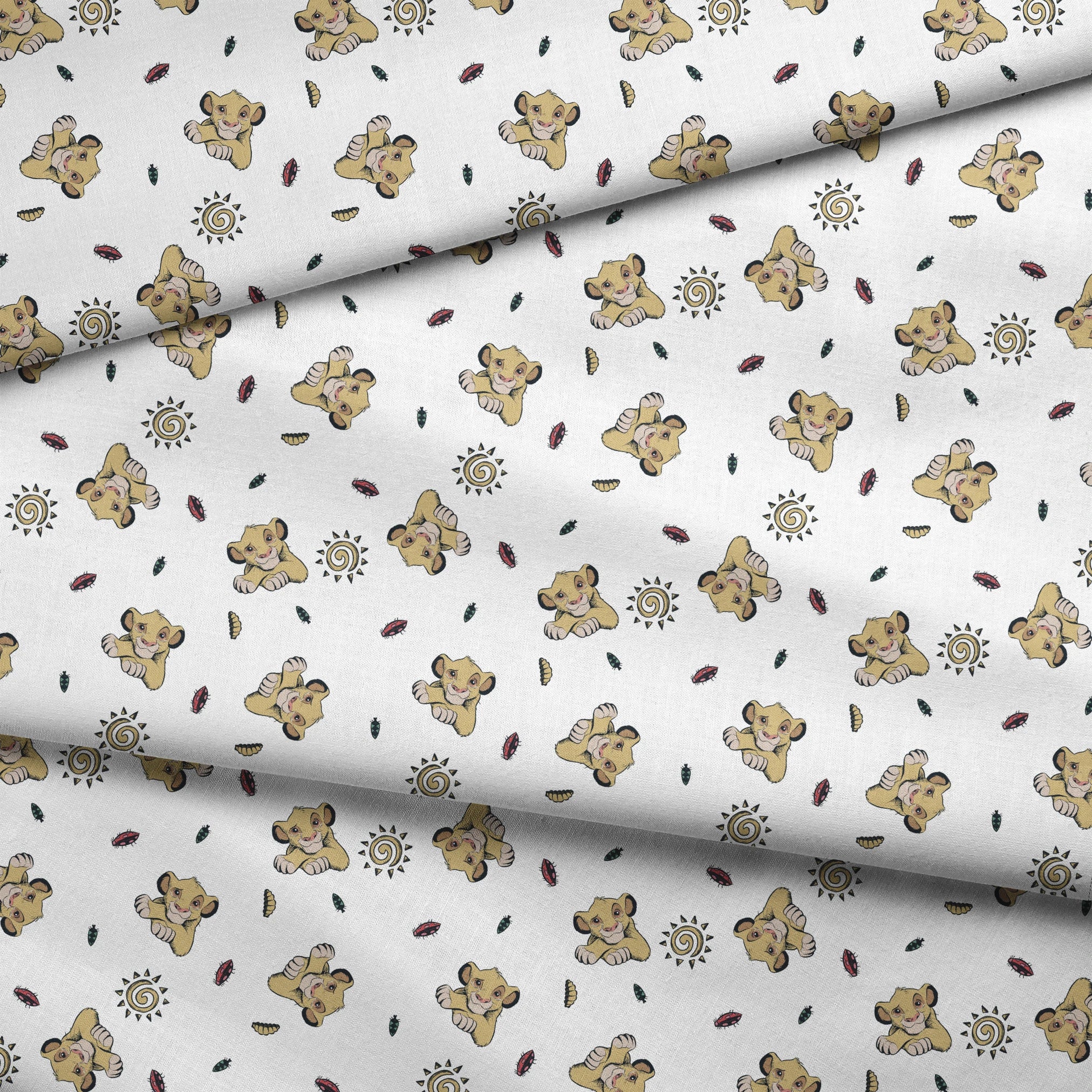 Cute cartoon lion cubs pattern with suns and leaves on white background fabric fold mockup