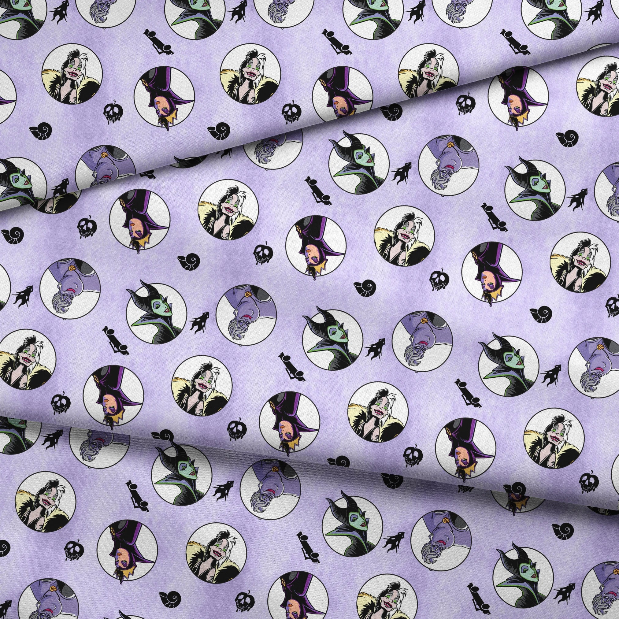 Disney villains pattern with circular character portraits on lavender background with black silhouettes of iconic symbols fabric fold mockup