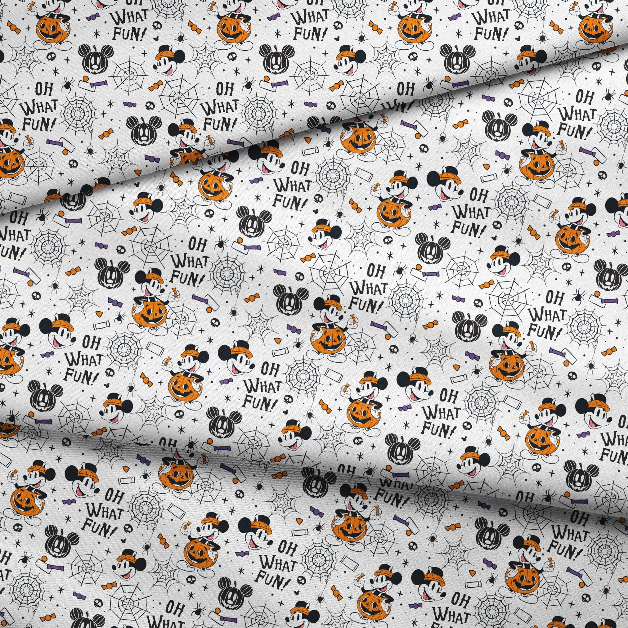 Halloween-themed cartoon pattern with Mickey Mouse characters, pumpkins, spider webs, and "OH WHAT FUN!" text on white background fabric fold mockup