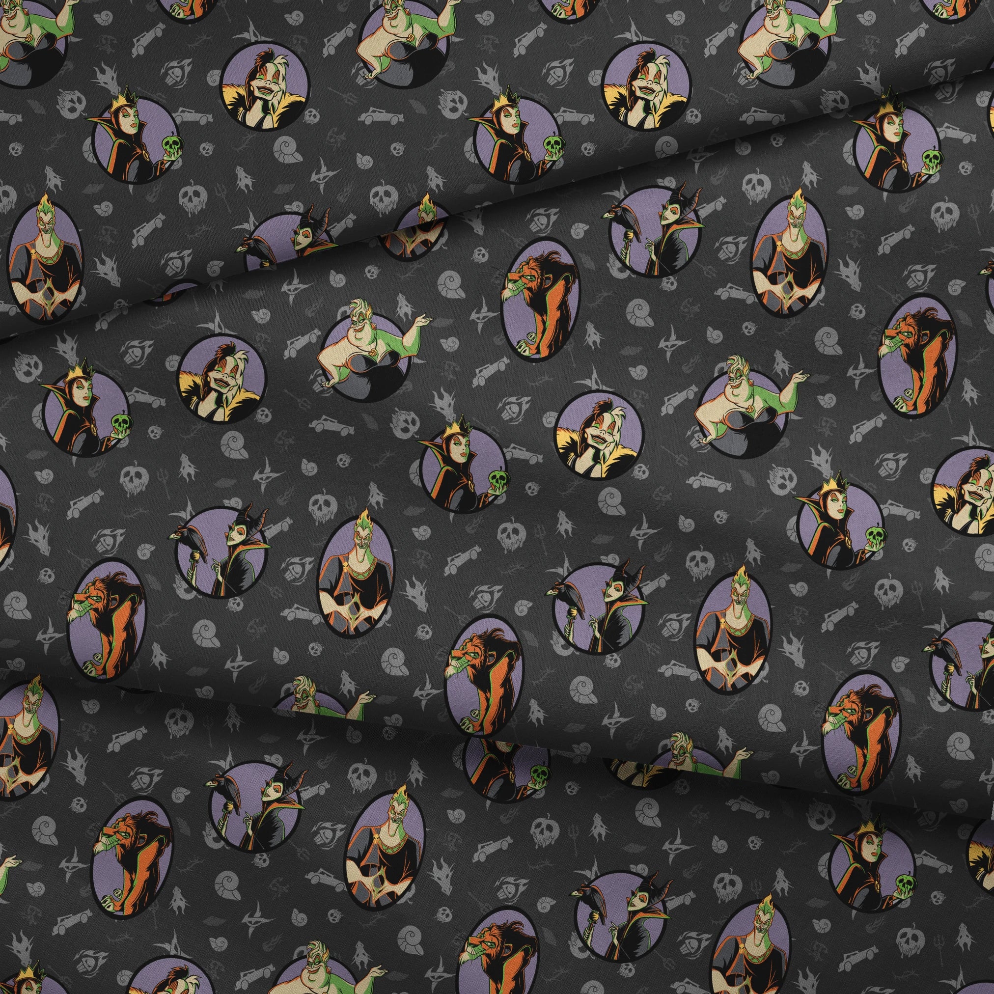 Cartoon Disney villains in purple circles on dark gray background with villain-themed icons fabric fold mockup