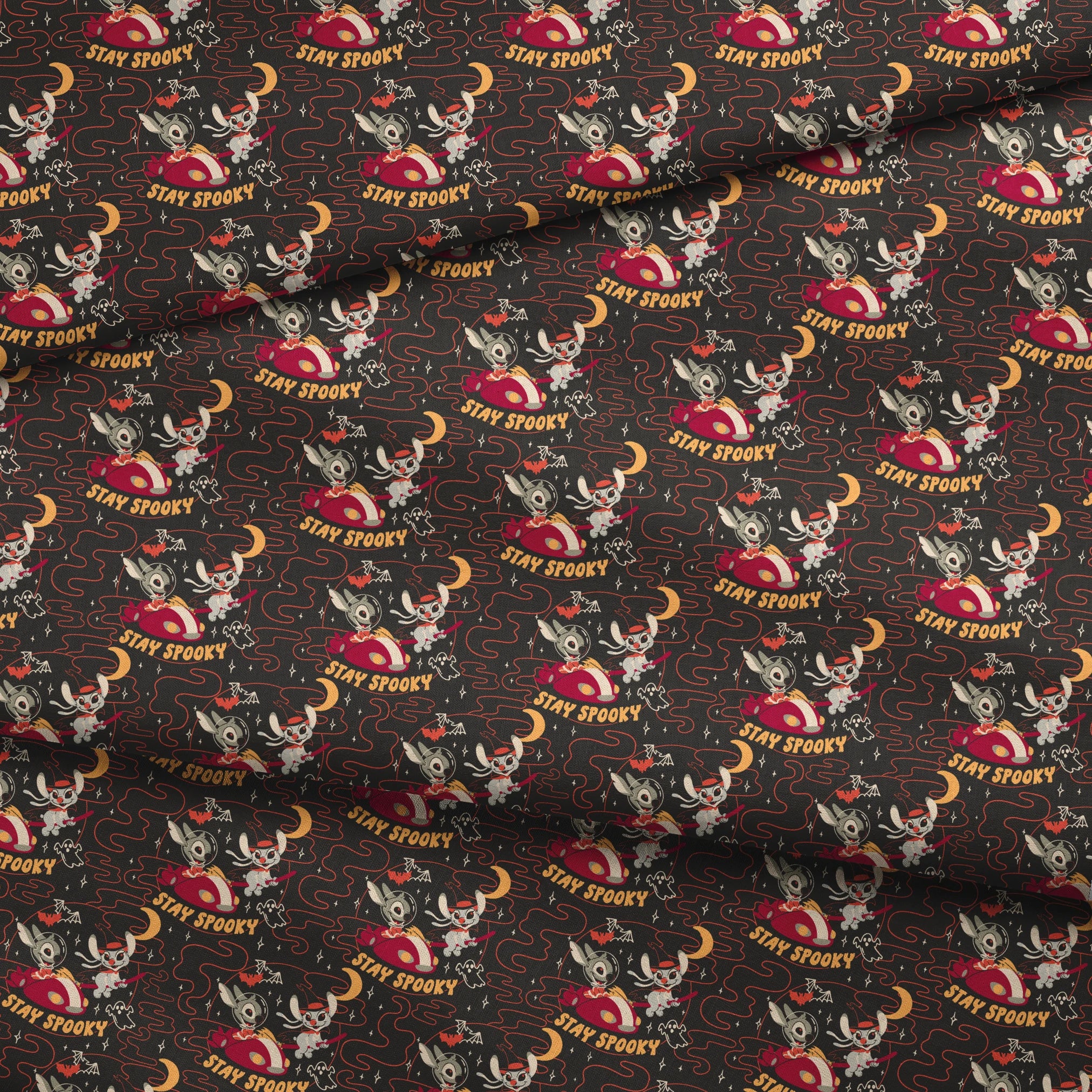 Repeating Halloween pattern with Stitch, "STAY SPOOKY" text, crescent moons, and swirling red lines on dark background. fabric fold mockup