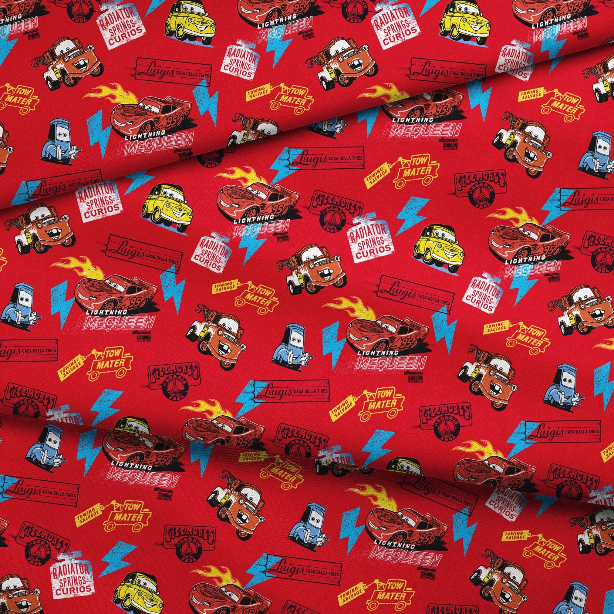 Colorful Disney Cars pattern featuring Lightning McQueen and Mater on vibrant red background with logos fabric fold mockup
