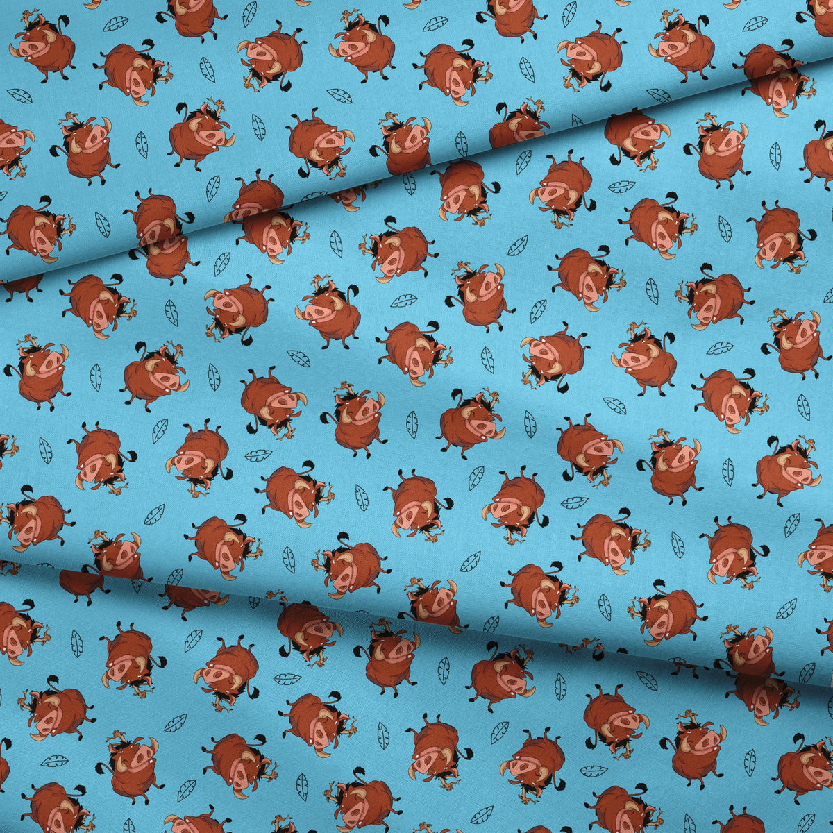 Cheerful Lion King characters with flower crowns dancing on light blue background with leaf patterns fabric fold mockup