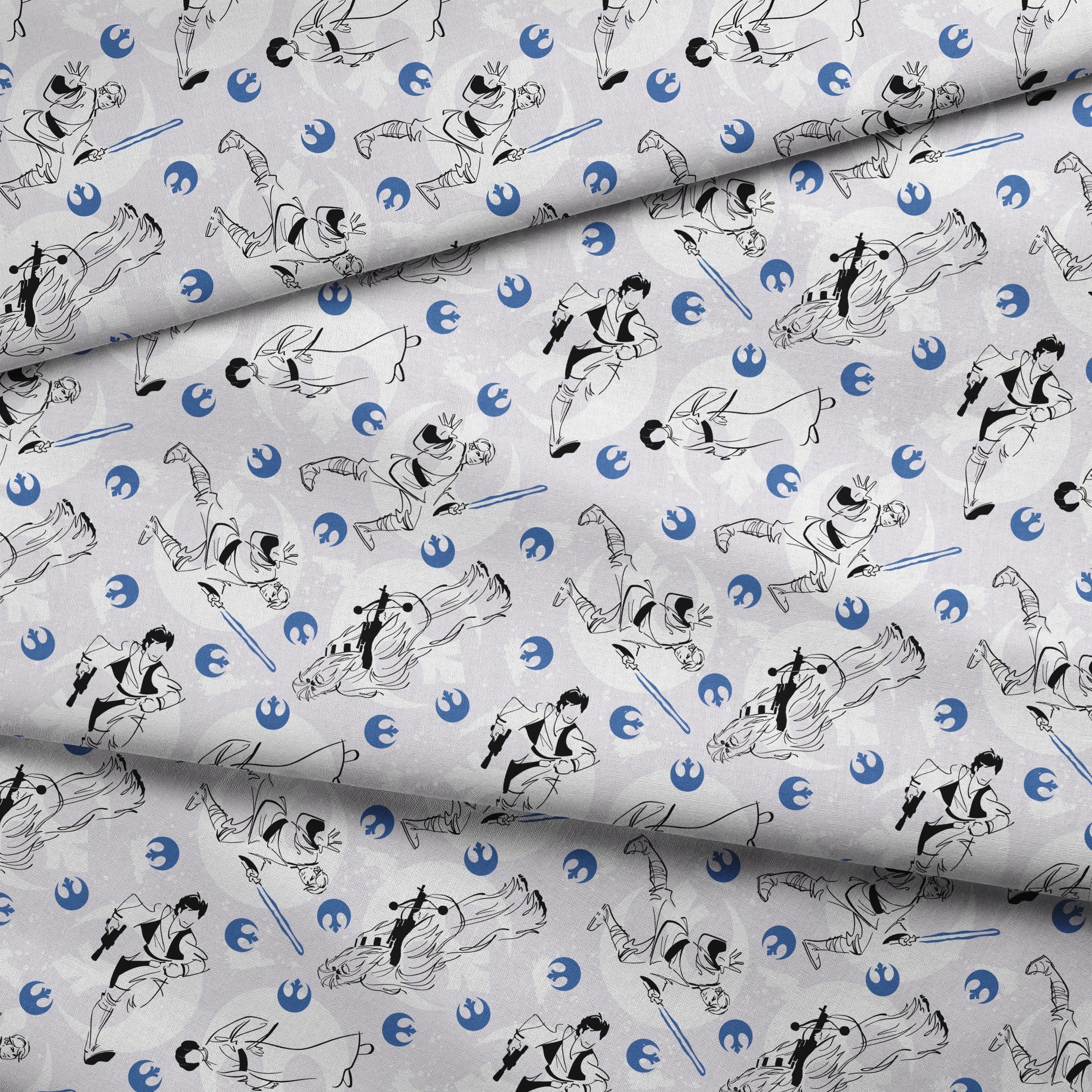 Star Wars characters with lightsabers pattern featuring Rebel Alliance logos on light background fabric fold mockup