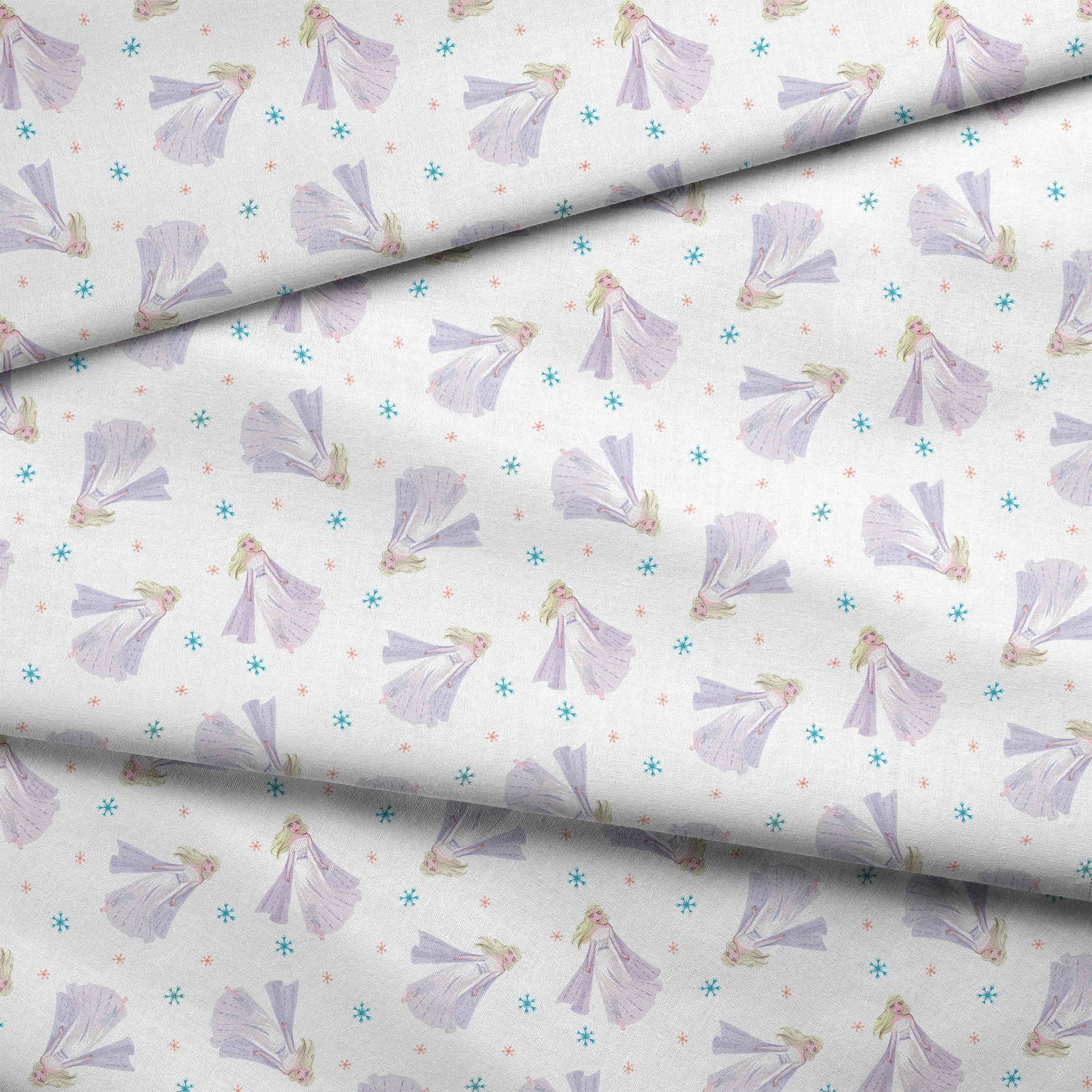 Whimsical pattern of Elsa with colorful snowflakes on white background fabric fold mockup