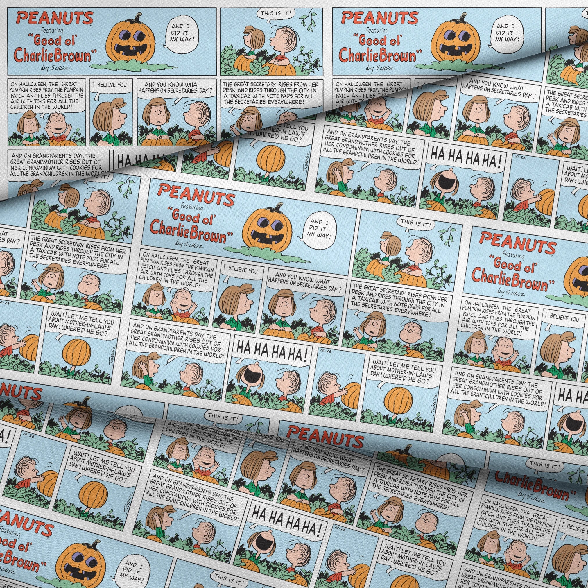 Peanuts comic strip featuring "Great Pumpkin" Halloween storyline with cartoon children and jack-o'-lantern imagery across multiple panels. fabric fold mockup