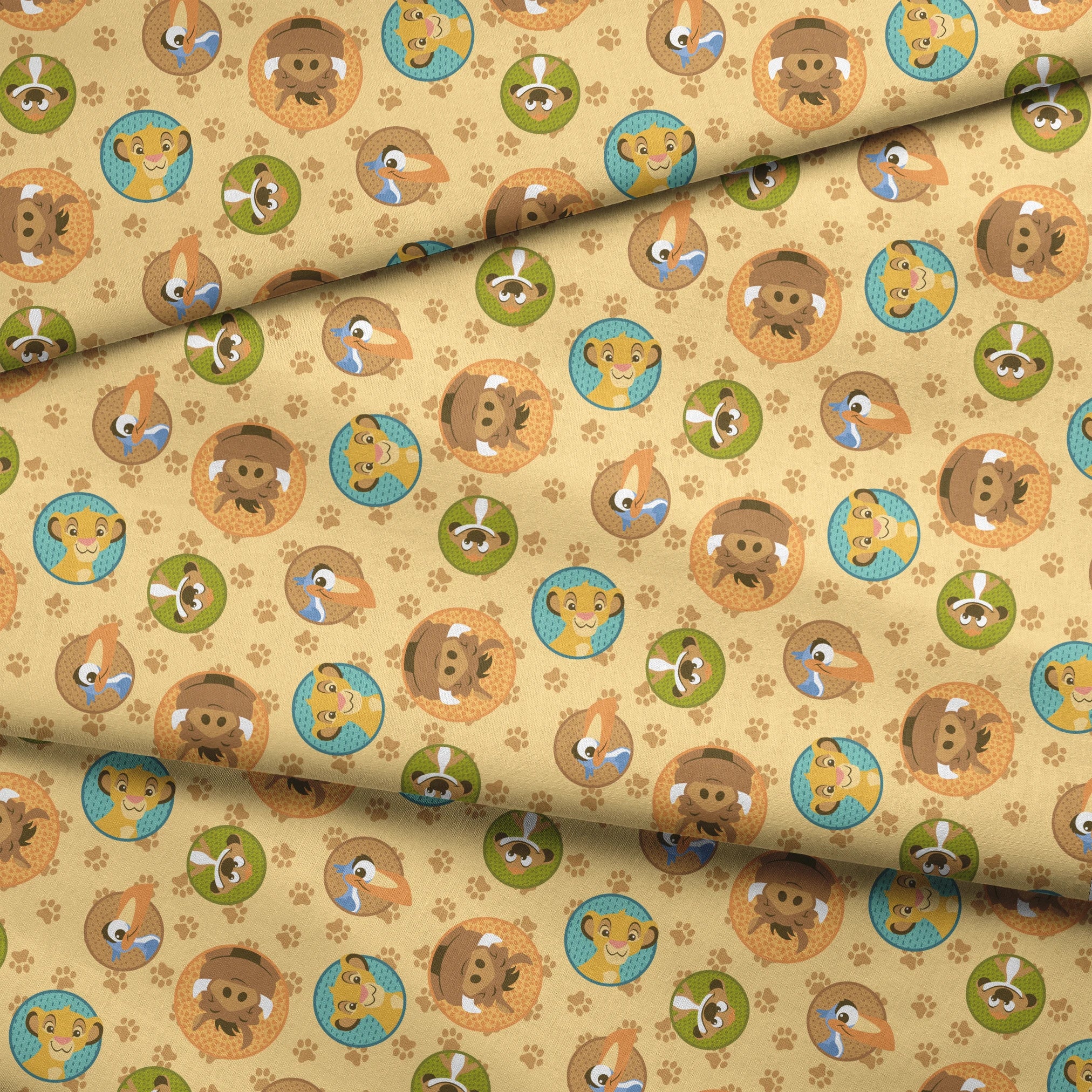 Cartoon animal faces in circular frames on beige background with paw prints - lion, monkey, dog, bird fabric fold mockup