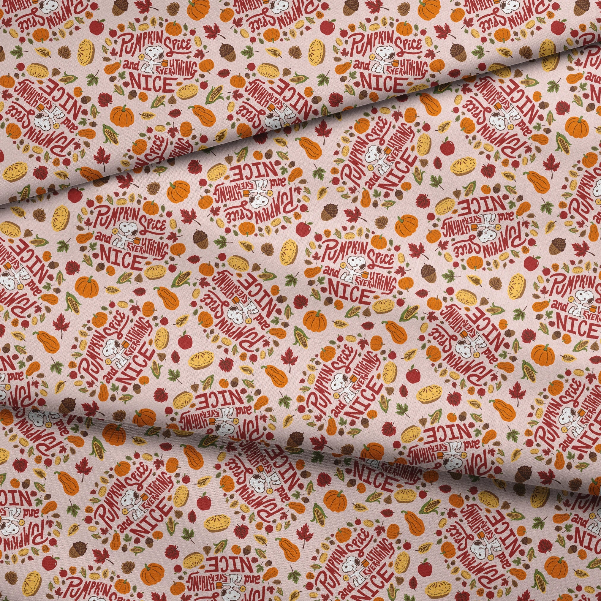 Fall Peanuts pattern with pumpkin spice phrases, autumn leaves, pumpkins, pine cones and Snoopy characters on a beige background fabric fold mockup