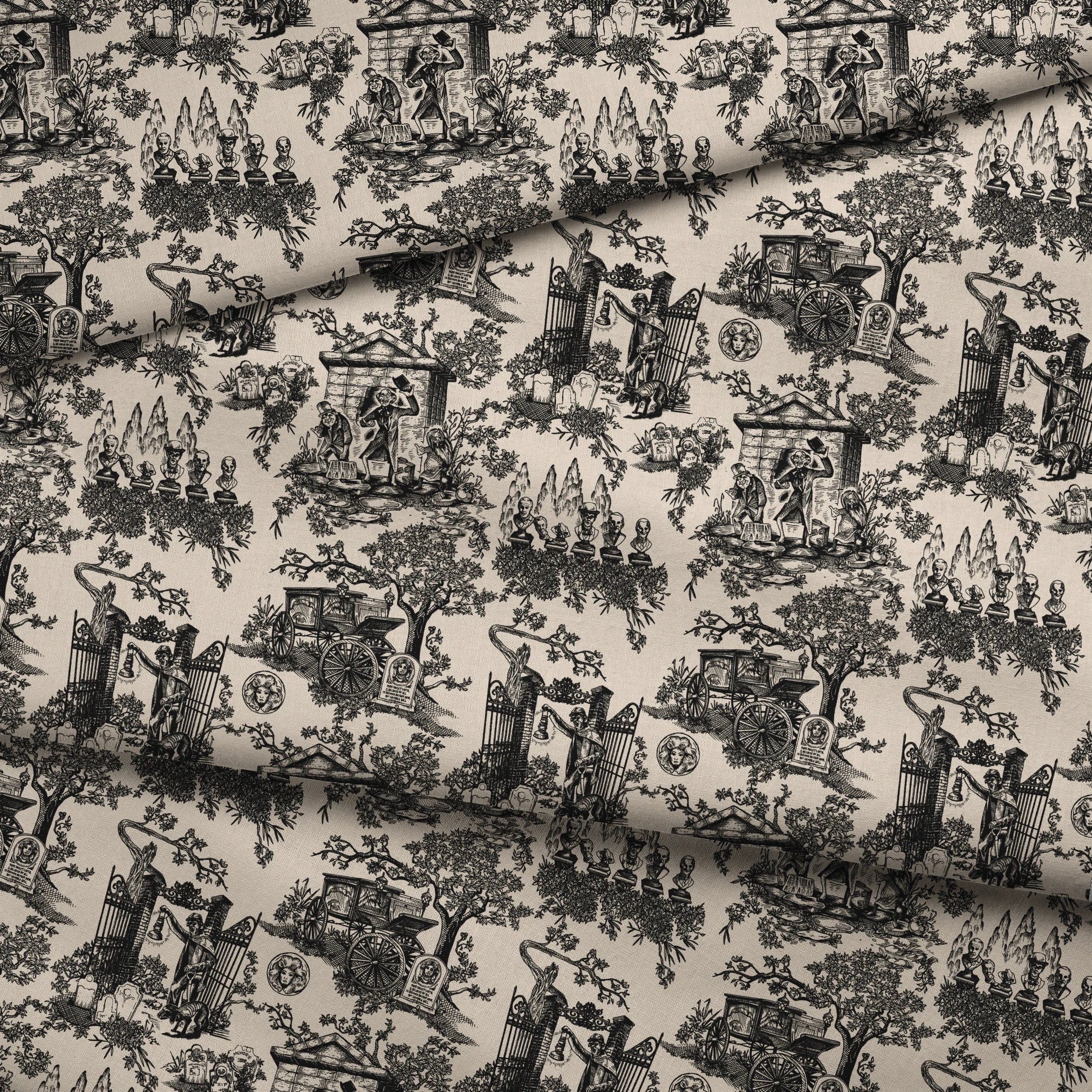 Black and white toile pattern with garden scenes, architectural elements, and decorative figures in a classical style fabric fold mockup
