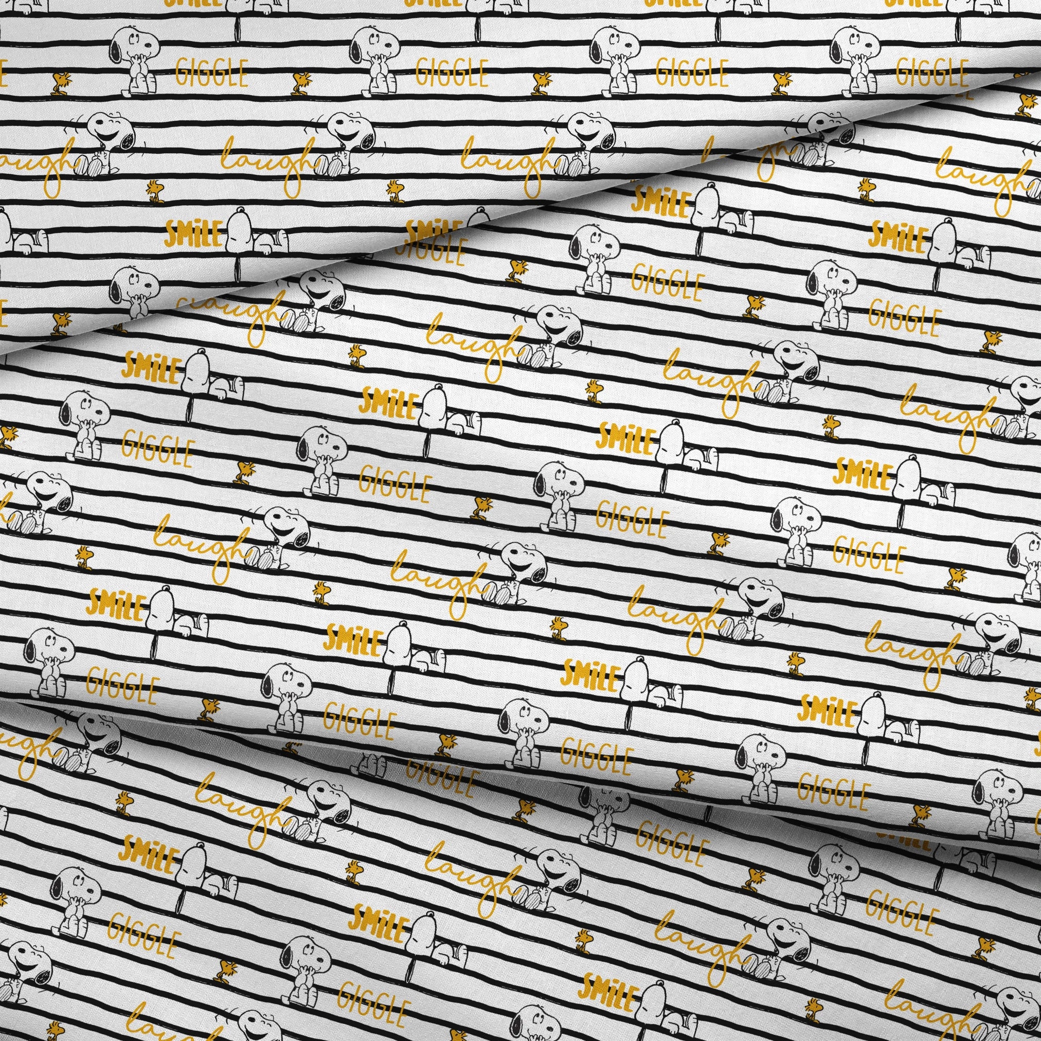 Black and white striped pattern with Snoopy and Woodstock, yellow text saying "giggle," "laugh," "smile fabric fold mockup