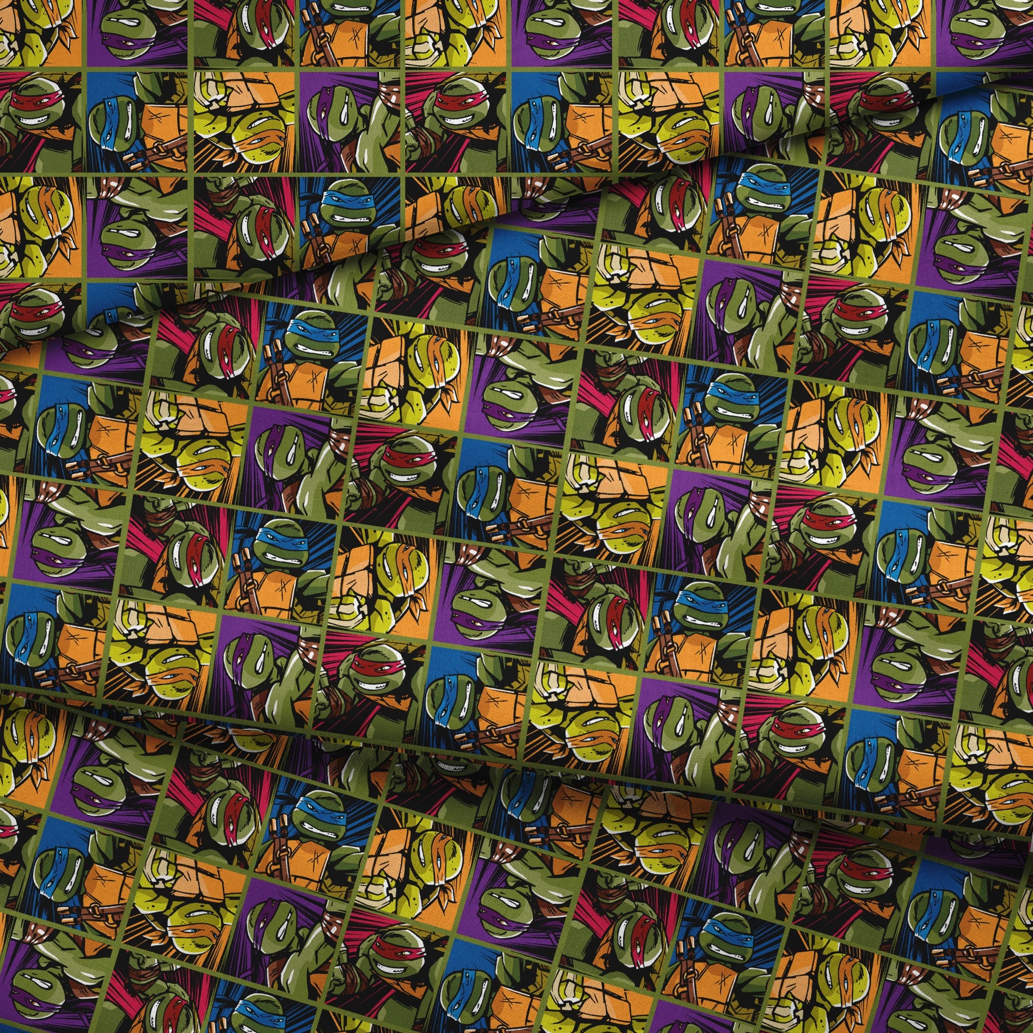 Colorful grid pattern of Teenage Mutant Ninja Turtles characters with various expressions and colored masks fabric fold mockup