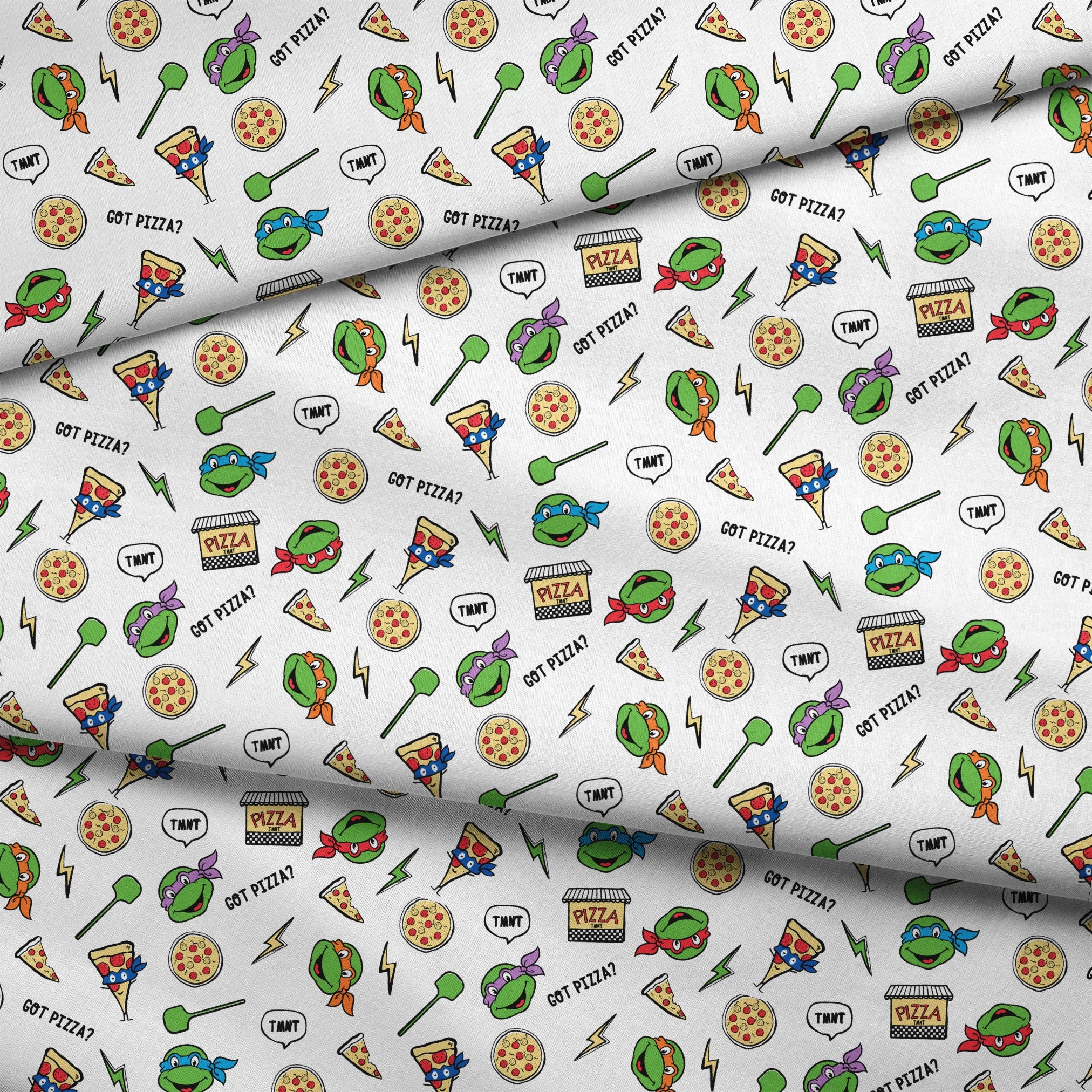 Cartoon pattern with Teenage Mutant Ninja Turtles, pizza slices, whole pizzas, lightning bolts and "GOT PIZZA?" text fabric fold mockup