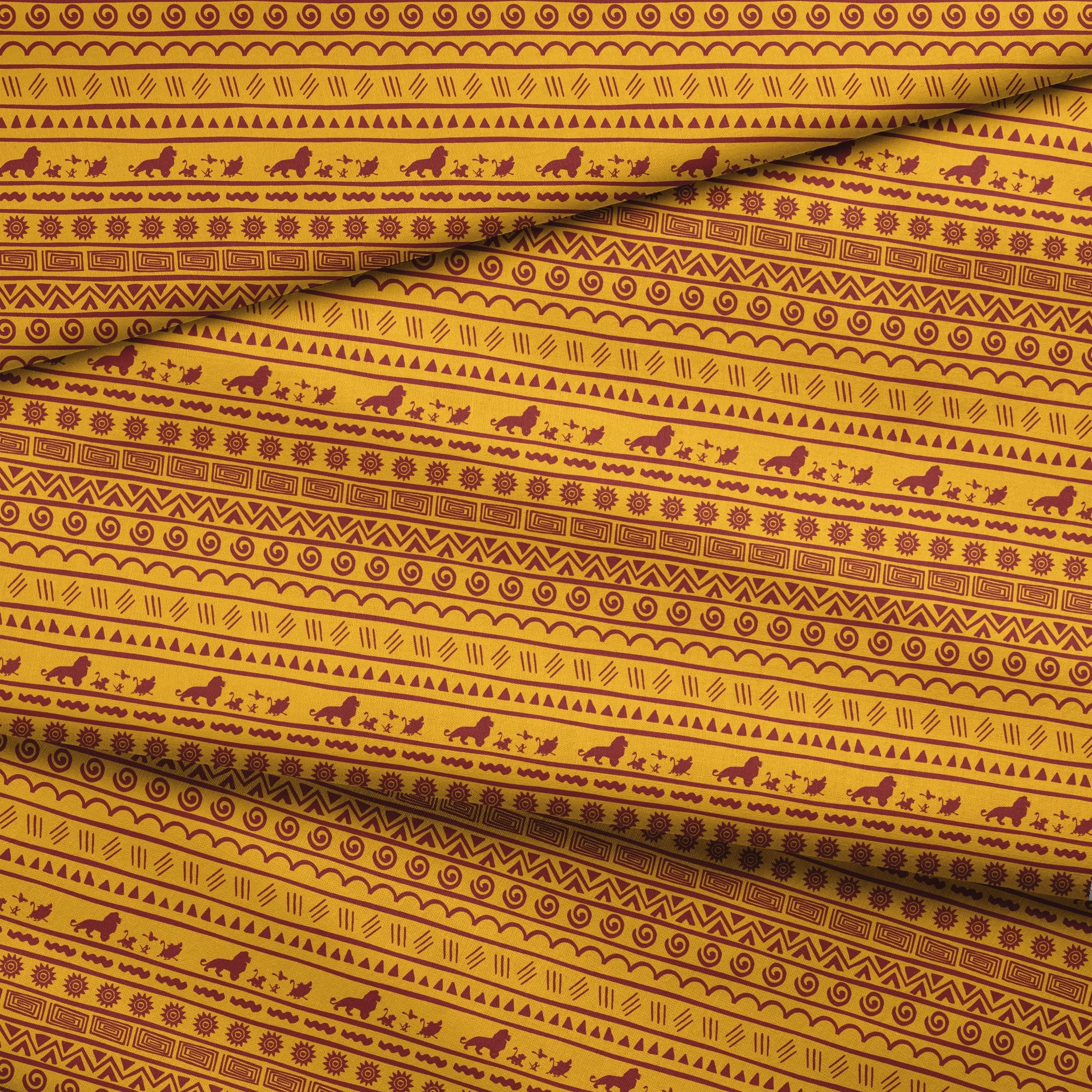 Traditional African pattern in yellow and maroon with spirals, lions, geometric designs, and sun symbols arranged in horizontal bands fabric fold mockup
