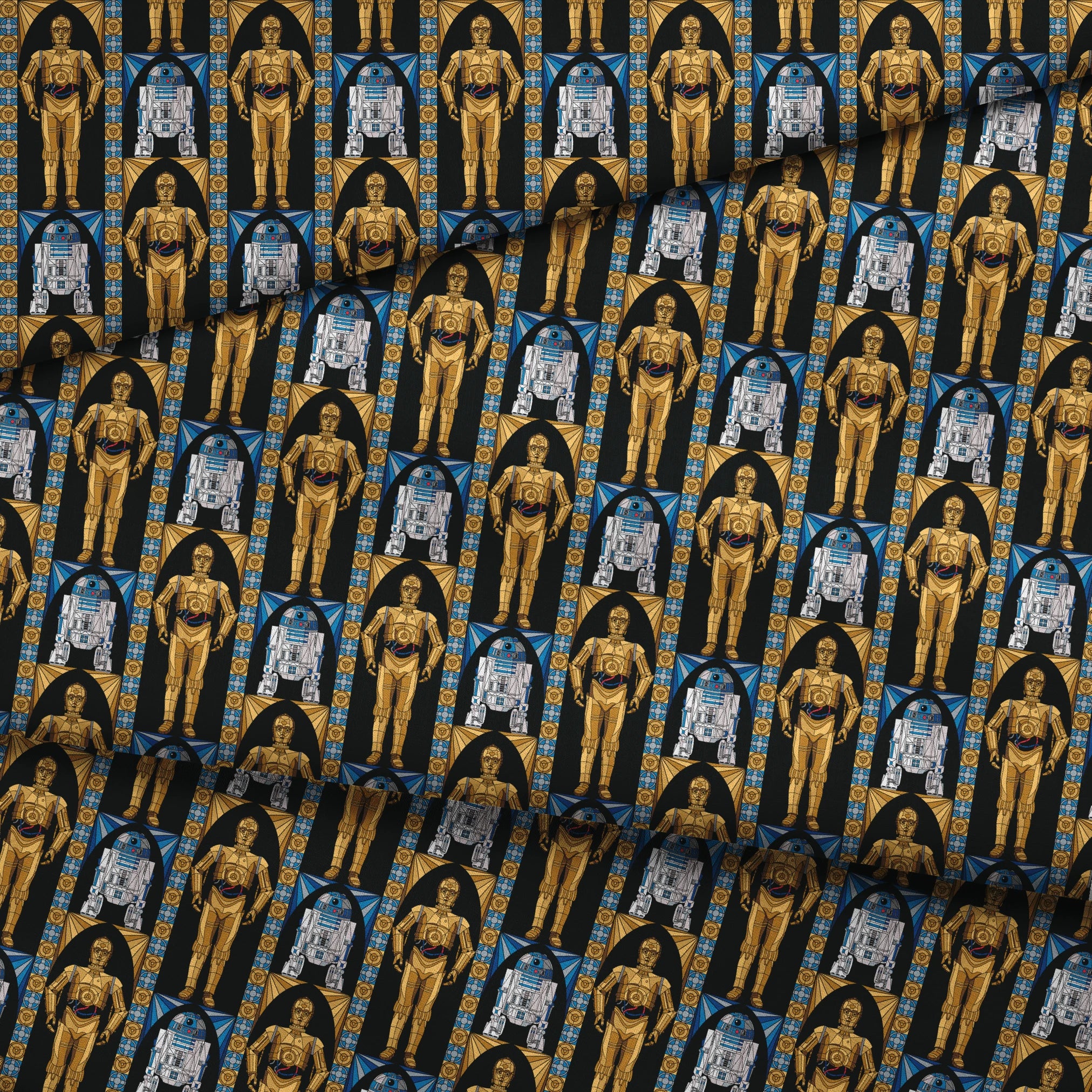 Repeating pattern of golden droid and blue-white astromech droid characters from Star Wars on black background with decorative borders fabric fold mockup