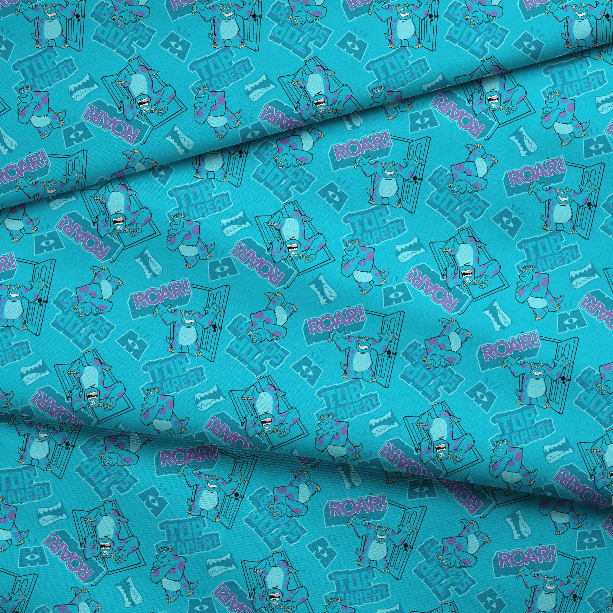 Monsters Inc's Sulley with "Roar" text and doorway motifs from movie fabric fold mockup