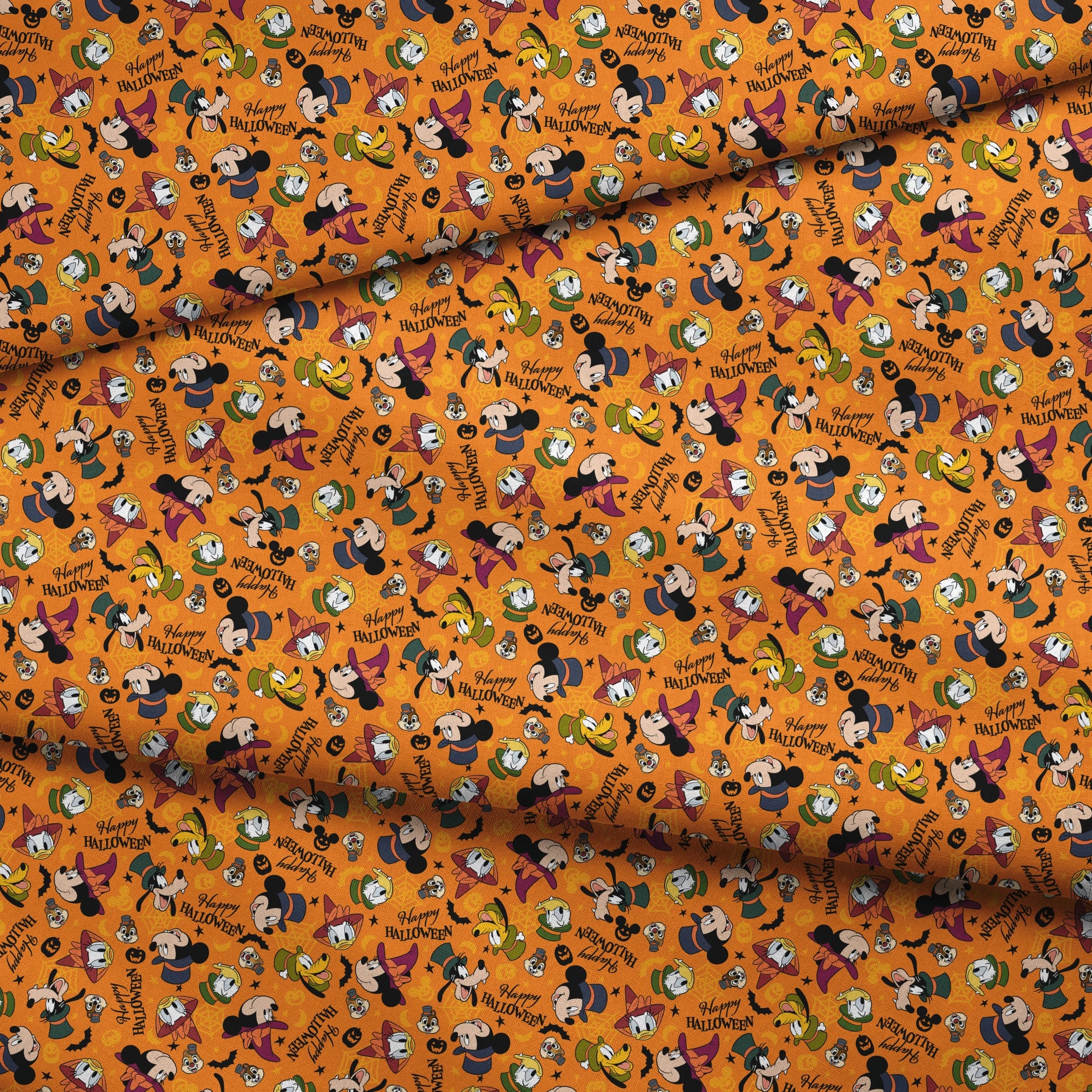 Disney characters in Halloween costumes on orange background with pumpkins and "Happy Halloween" text fabric fold mockup