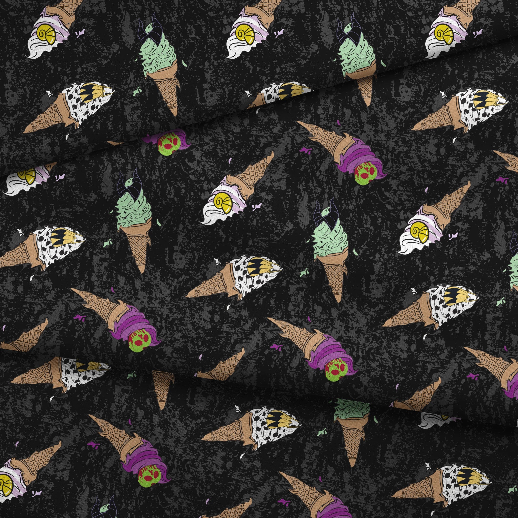 Disney Villain-inspired ice cream cones on black background fabric fold mockup