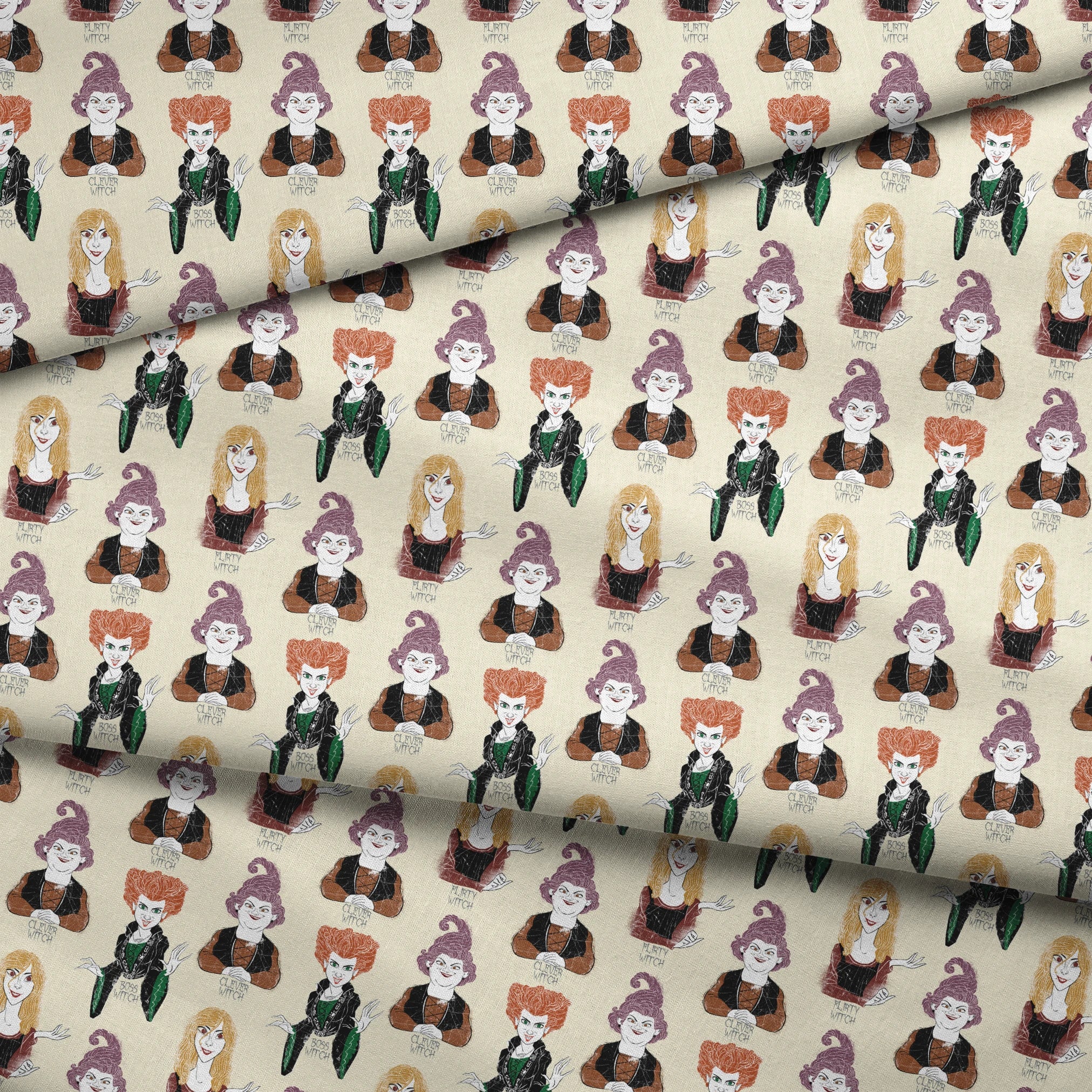 Pattern of illustrated witch characters with different styling - purple hat witch, green-dressed witch, and blonde witch with varying colors and poses fabric fold mockup
