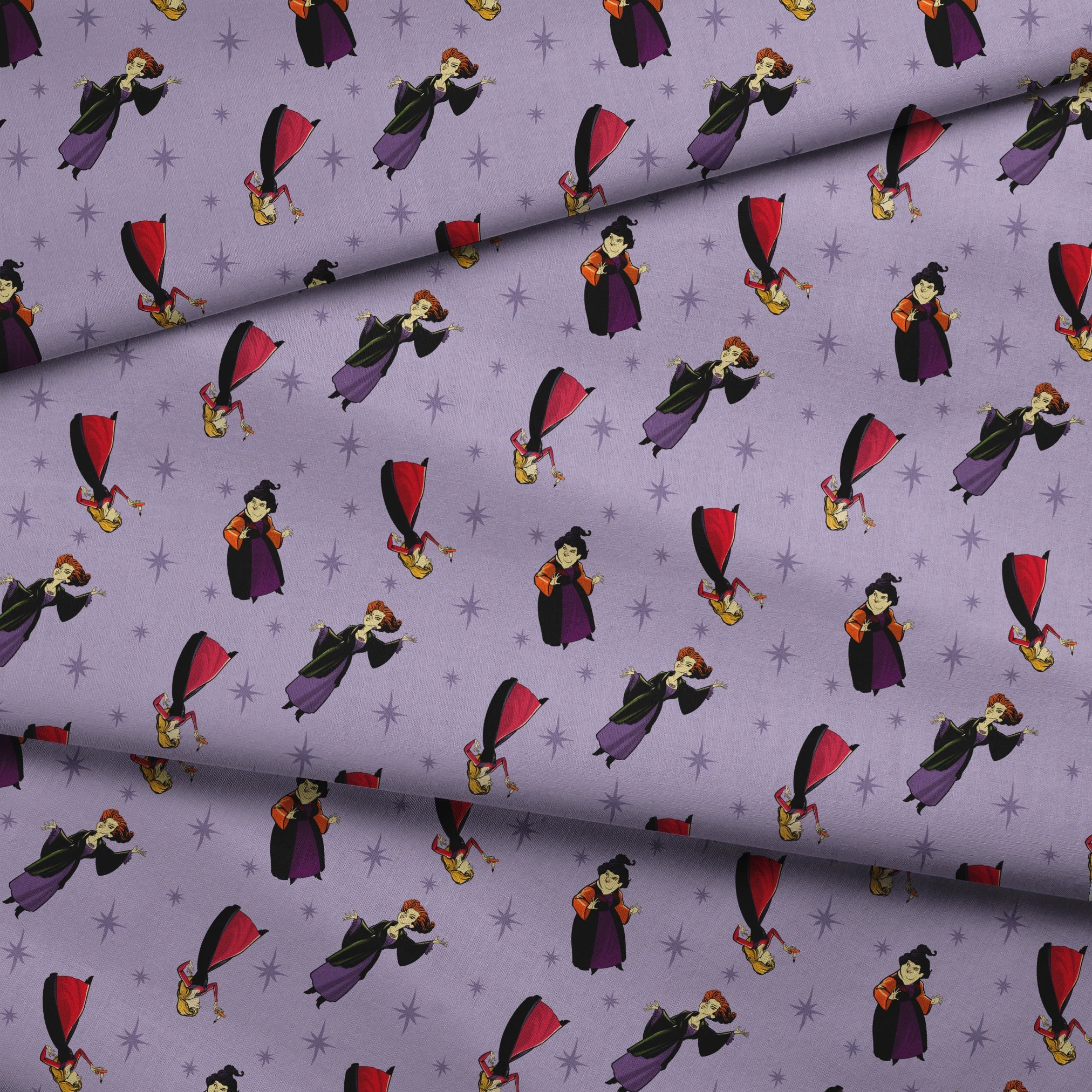 Purple background with cartoon characters in flowing capes and dresses with stars pattern, repeating decorative design fabric fold mockup