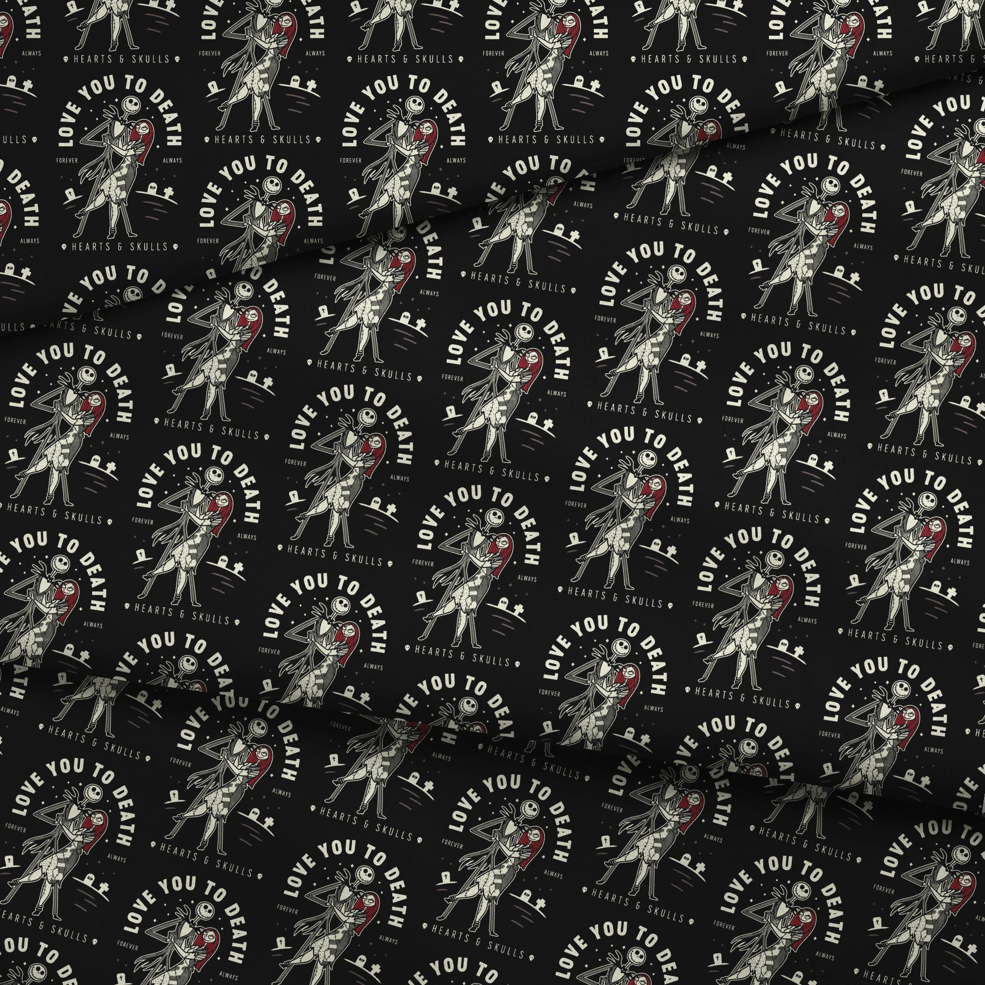 Repeating pattern of skeletal figures holding red hearts with "LOVE YOU TO DEATH" text on black background fabric fold mockup