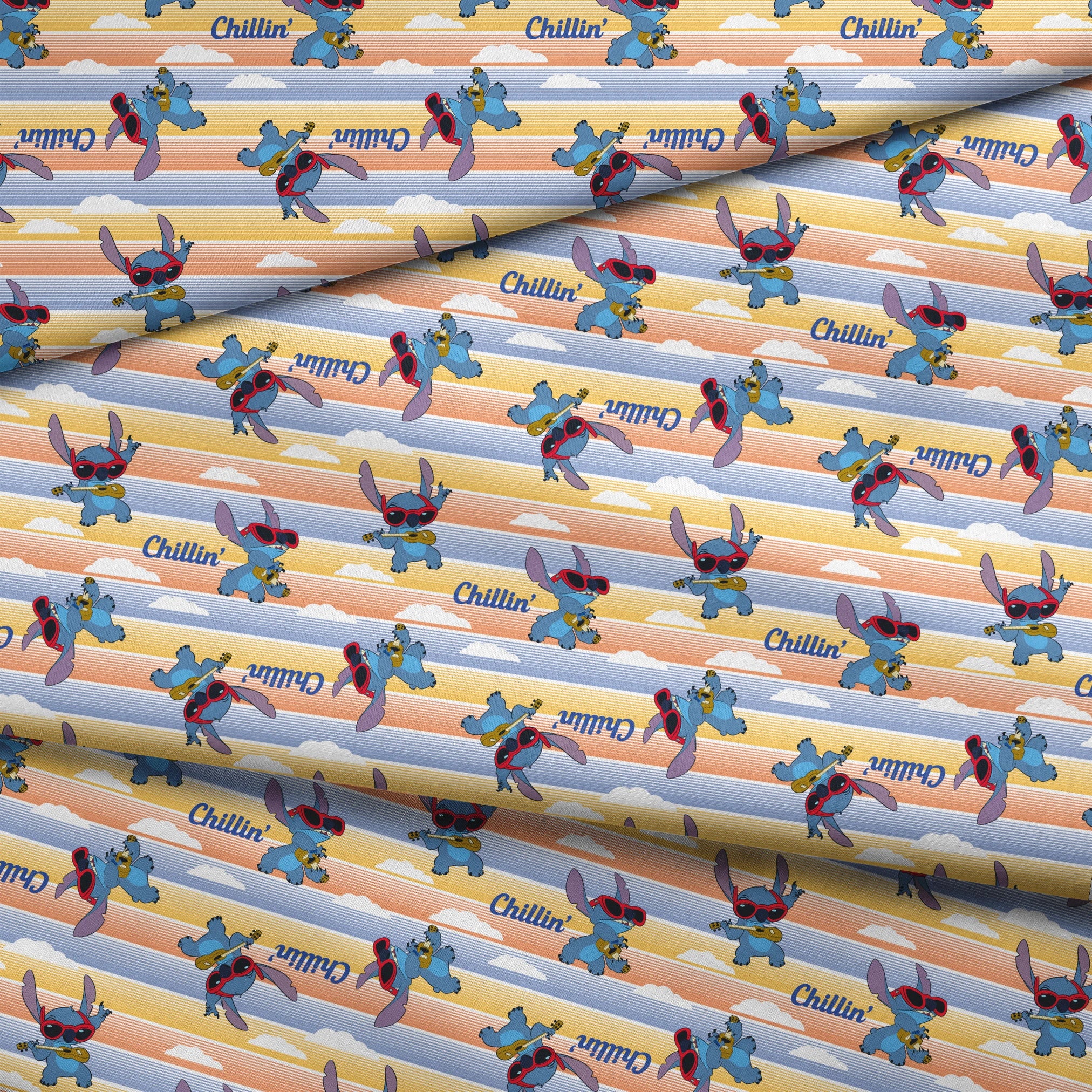 Stitch cartoon character pattern on striped yellow and blue background with "Chillin'" text fabric fold mockup