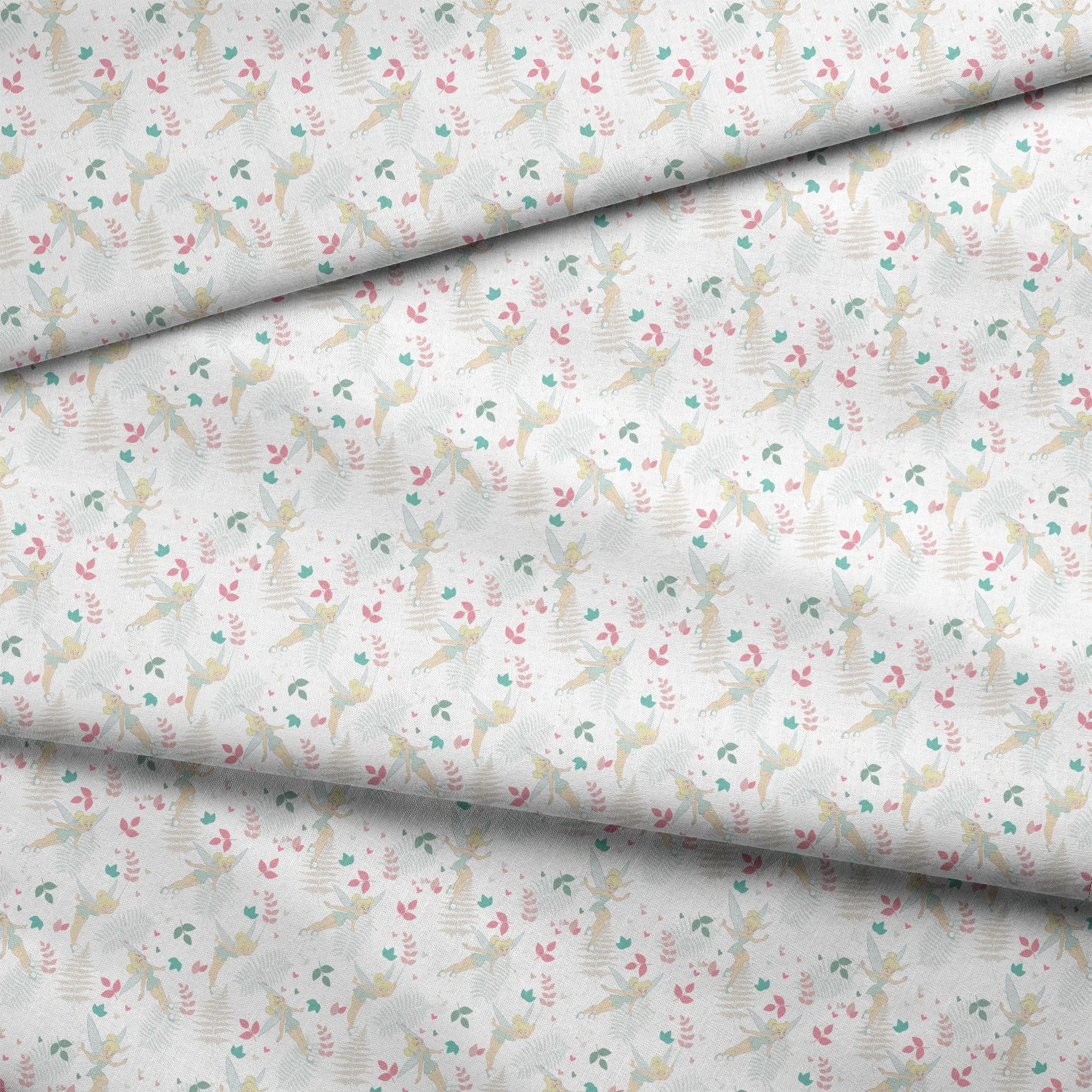 Whimsical pattern with Tinker Bell, white ferns, pink and teal foliage on light background fabric fold mockup