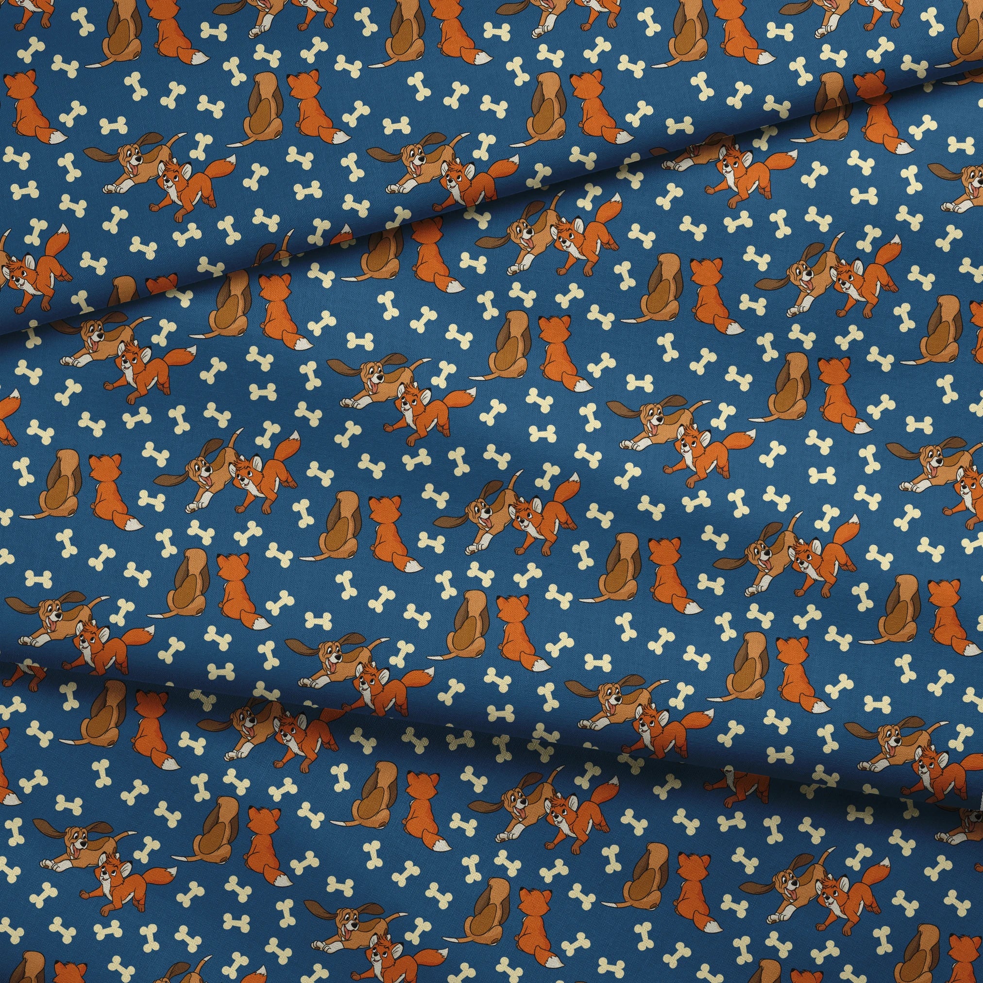 Fox and the Hound characters playing against blue background with scattered bone pattern fabric fold mockup