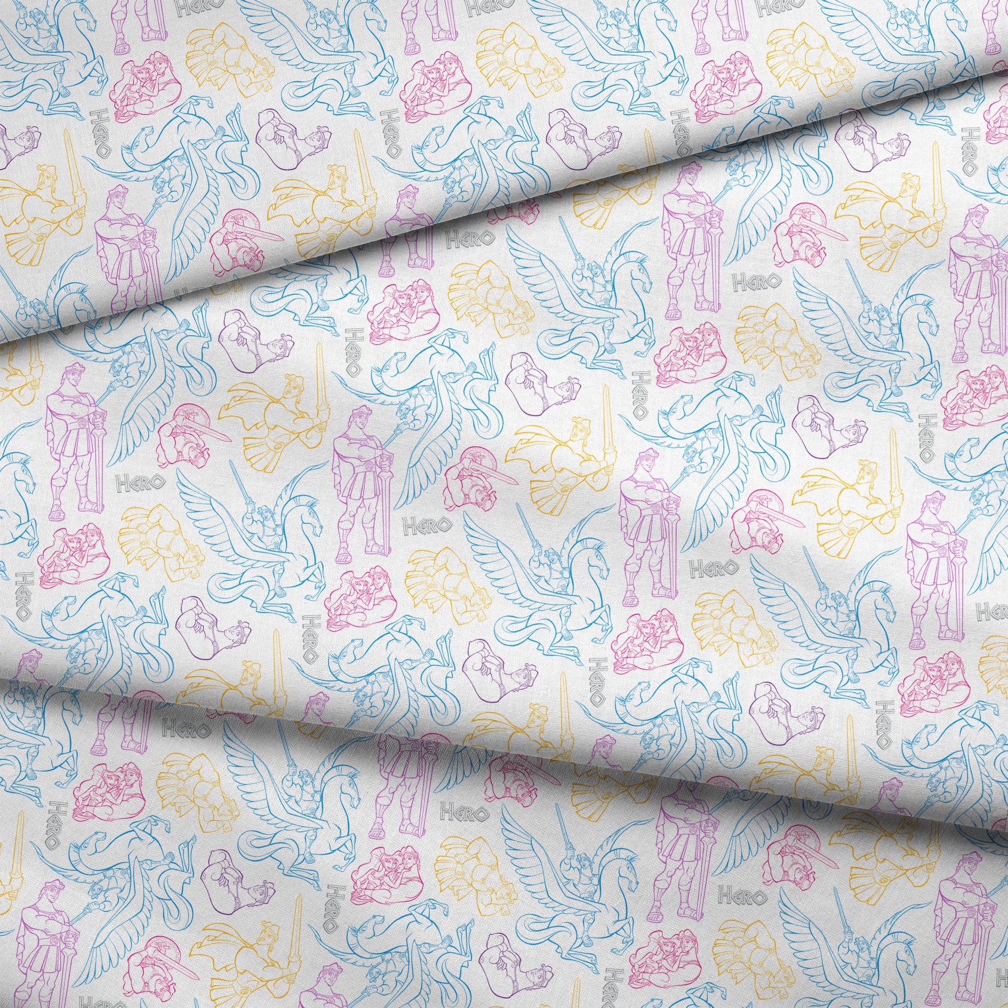 Colorful line art drawings of Hercules characters in blue, purple, and yellow outlines fabric fold mockup