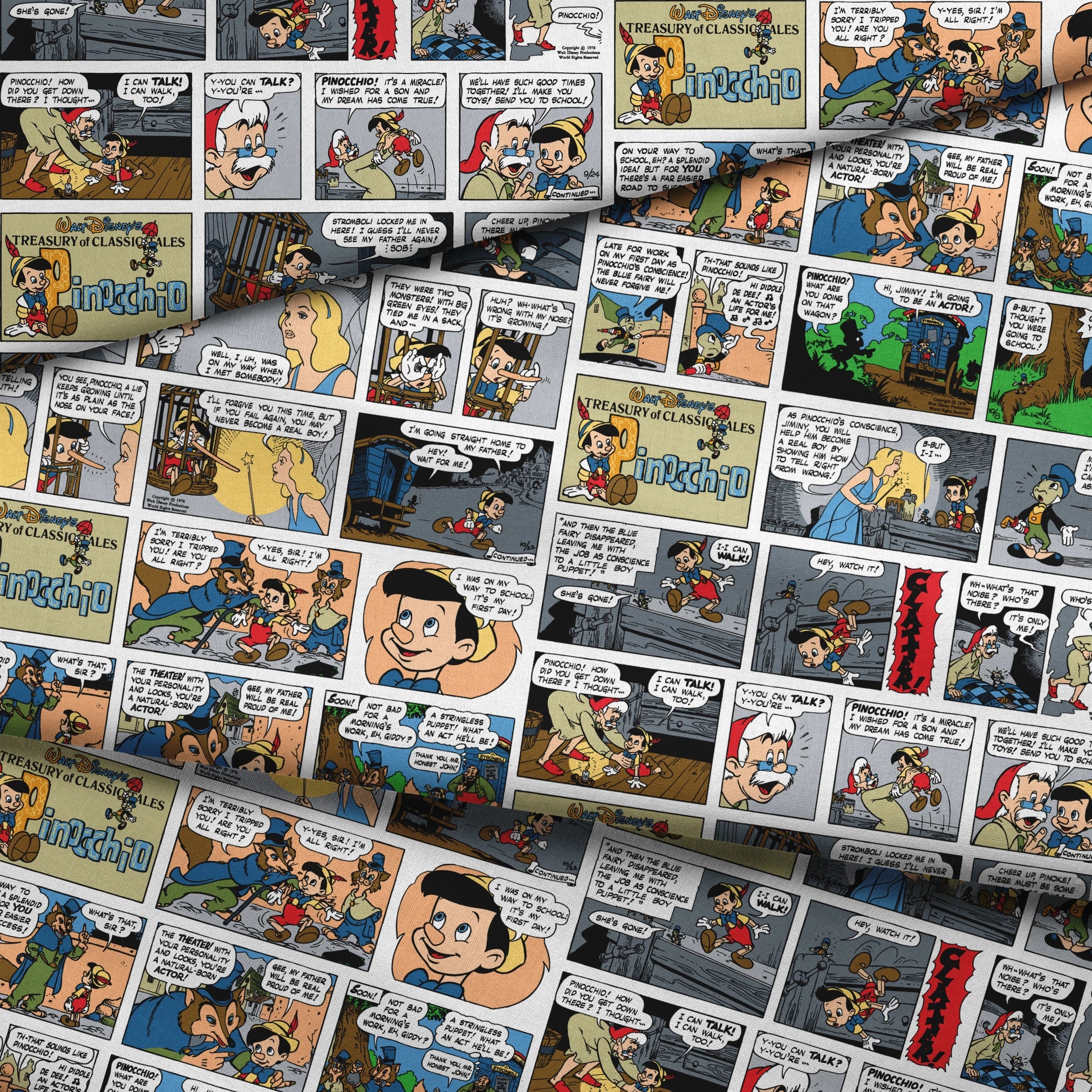 Comic strip collage featuring multiple panels from vintage comics with colorful characters, speech bubbles, and various cartoon scenes arranged in a grid pattern. fabric fold mockup