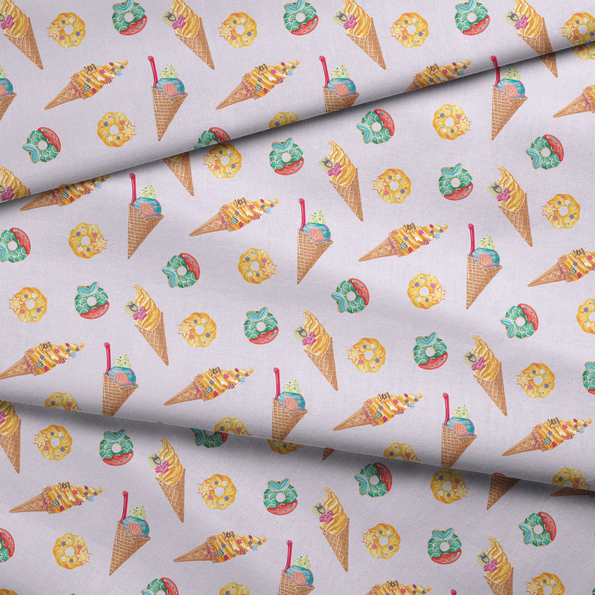 Colorful Disney Princess-inspired ice cream cones and donuts in pastel colors on light purple background fabric fold mockup