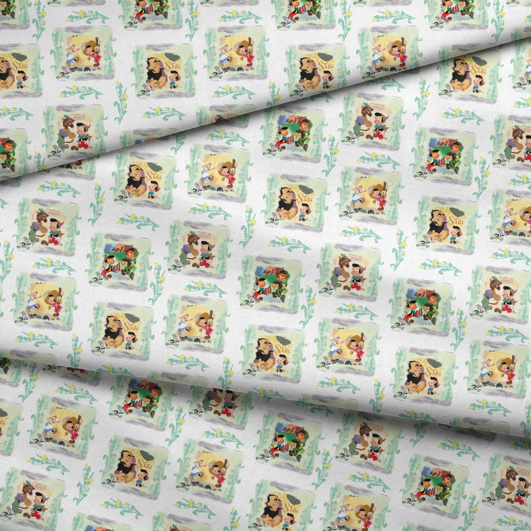 Cartoon pattern featuring Pinocchio characters in framed scenes with decorative greenery on white background fabric fold mockup