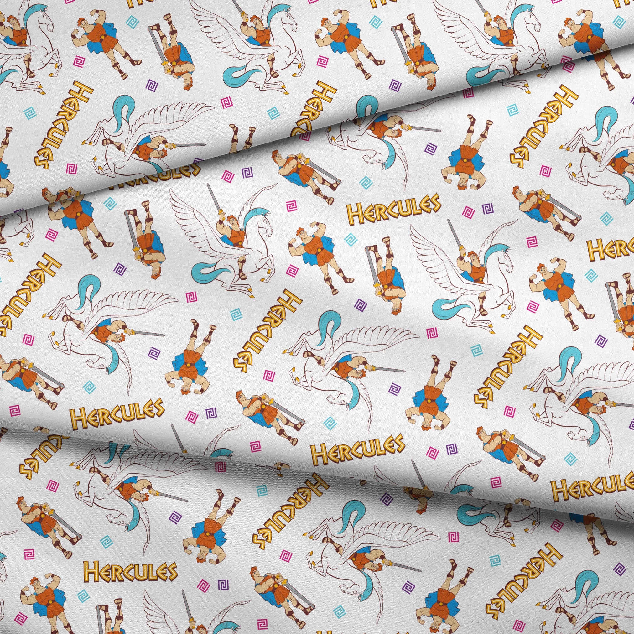 Cartoon pattern of Hercules characters with Pegasus, swords, and "HERCULES" text on white background fabric fold mockup